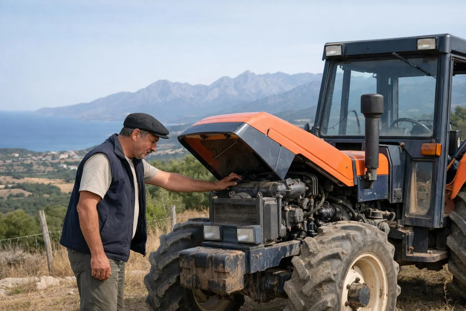 Corsican farmer examining used tractor on hillside farm with Mediterranean landscape, checking equipment condition outdoors under natural light, mountains visible in distance