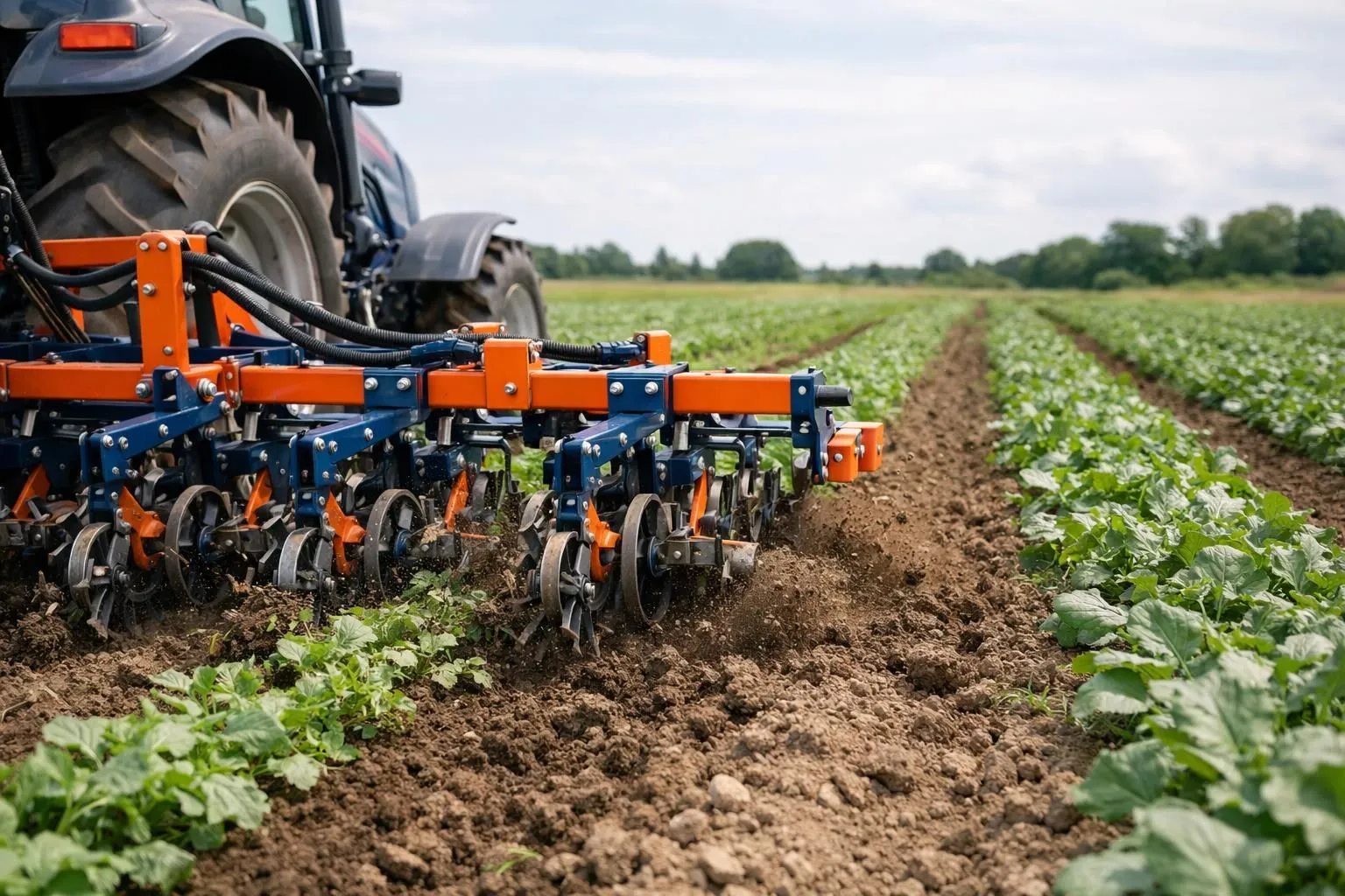 Agricultural cultivator machine with rotating tines working between vegetable crop rows, showing soil disruption and mechanical weed removal in a French field under daylight