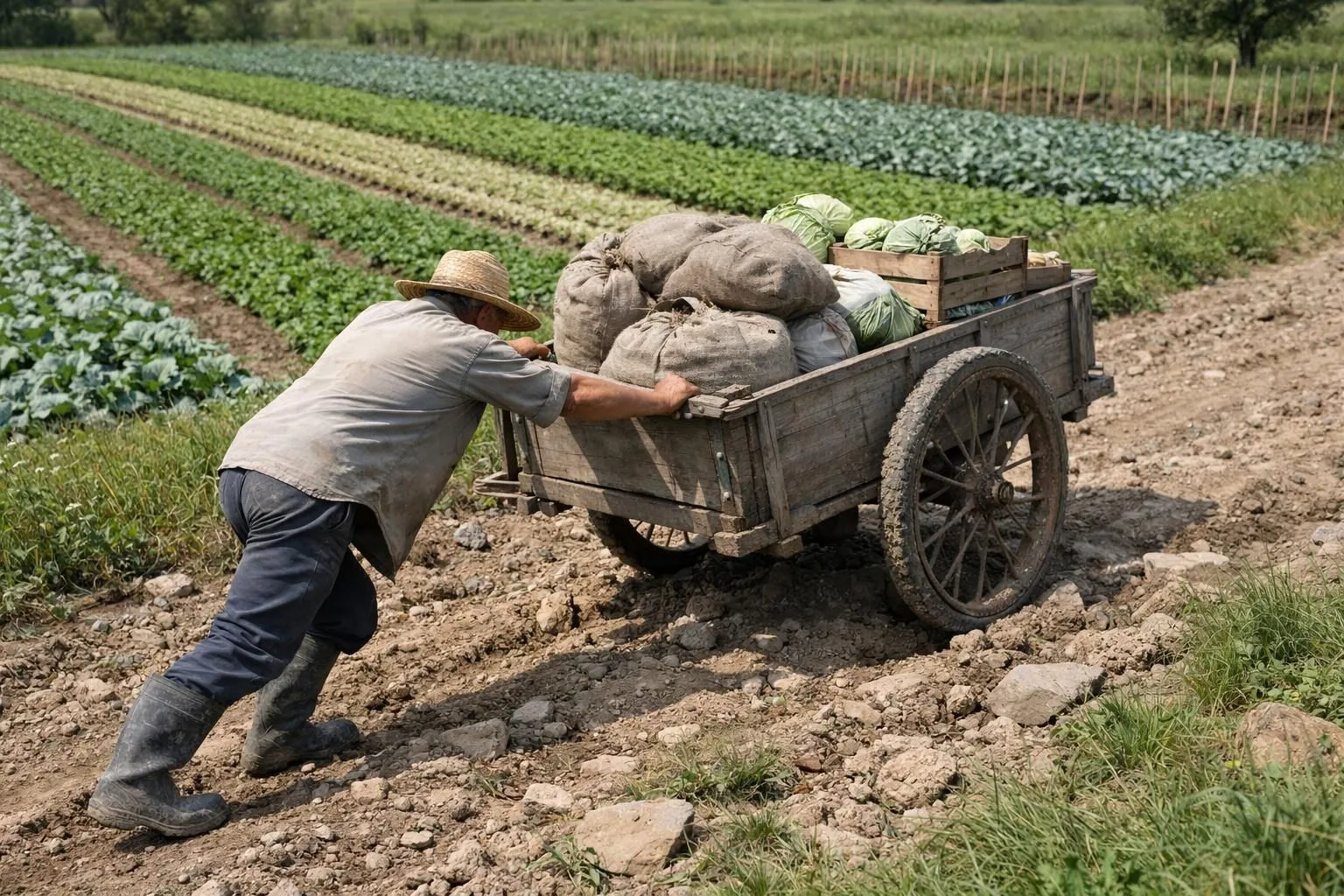 Agricultural worker straining while pushing a heavily loaded traditional wheelbarrow across uneven terrain in a vegetable farm, showing visible physical effort and fatigue, with neat rows of crops in the background under natural daylight