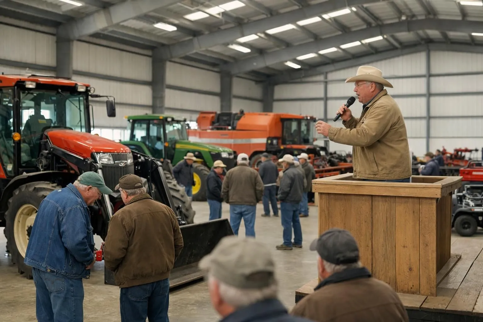 Agricultural equipment auction warehouse with farmers examining tractors and machinery, auctioneer standing on platform, realistic industrial setting with natural lighting