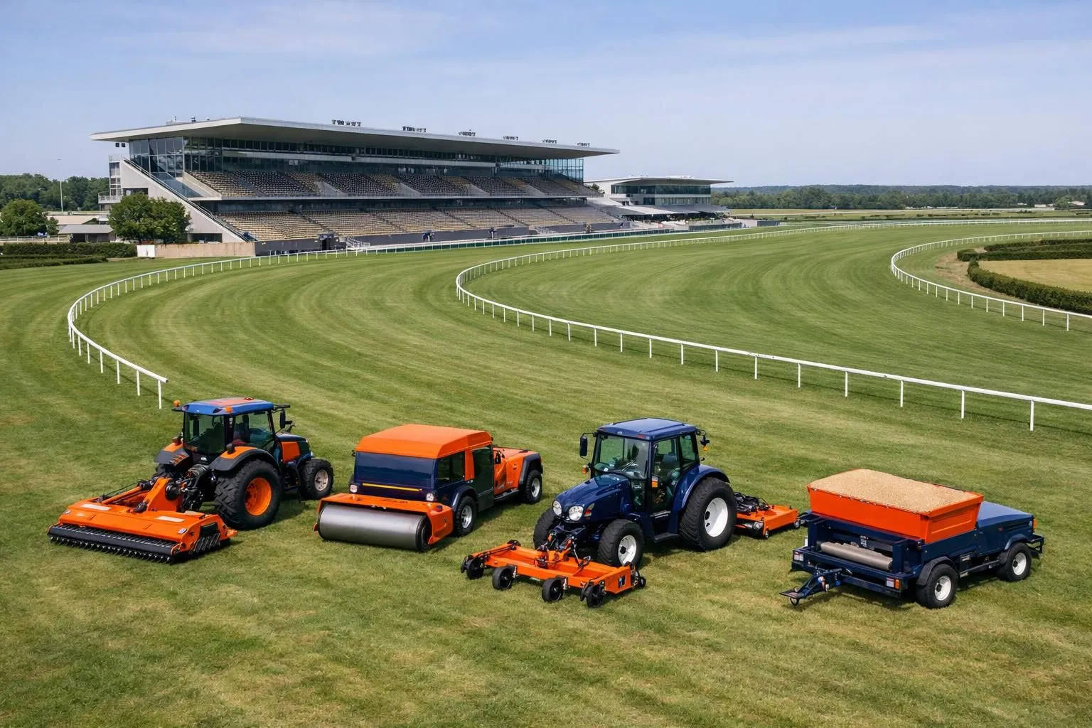 Professional racetrack maintenance equipment working on a grass horse racing track, with specialized grooming machines visible in foreground and empty grandstands in background under clear sky