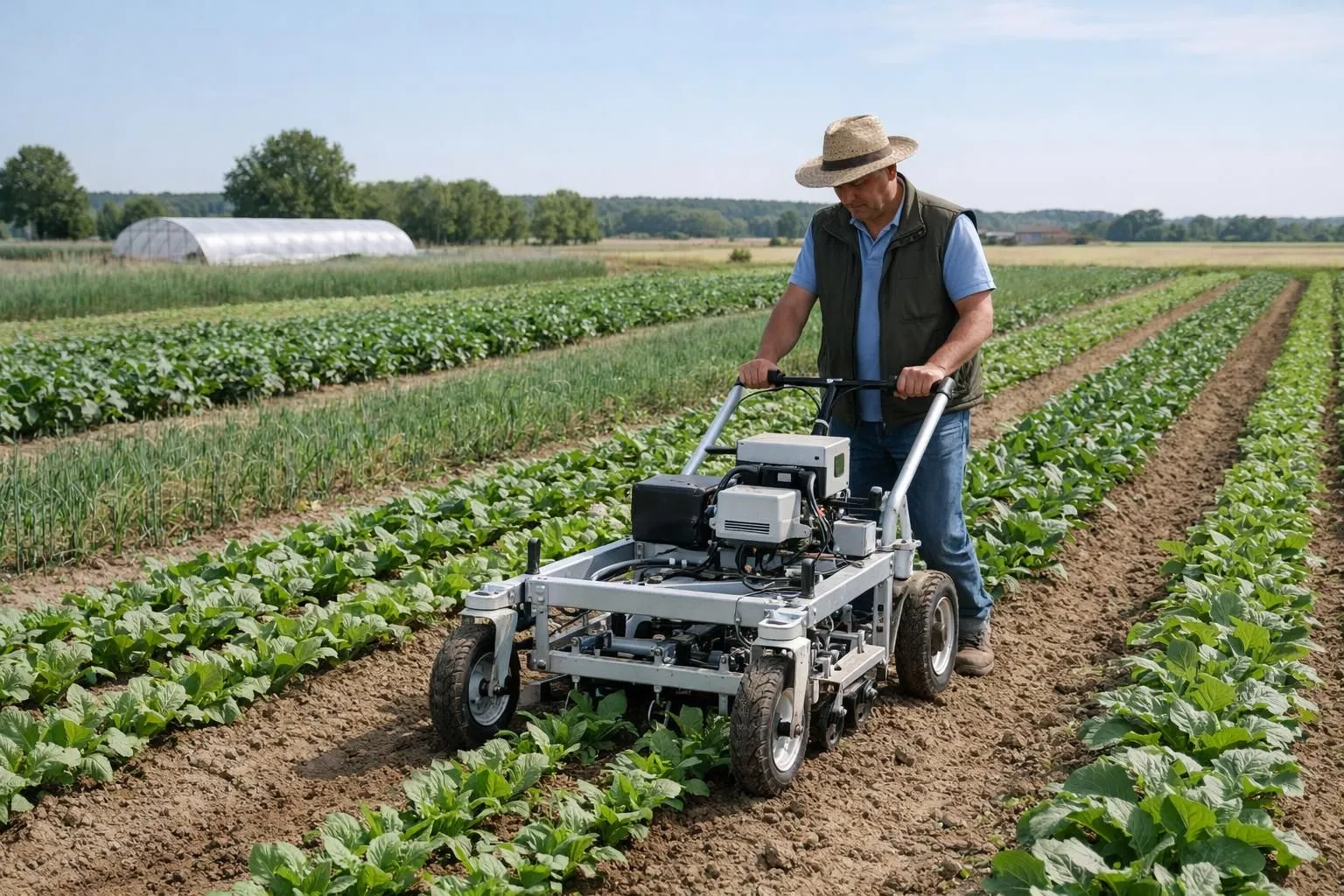 Professional farmer using electric-powered weeding cart in organic vegetable rows, ergonomic upright working position, modern agricultural equipment in sunny French farm field, realistic documentary style photography