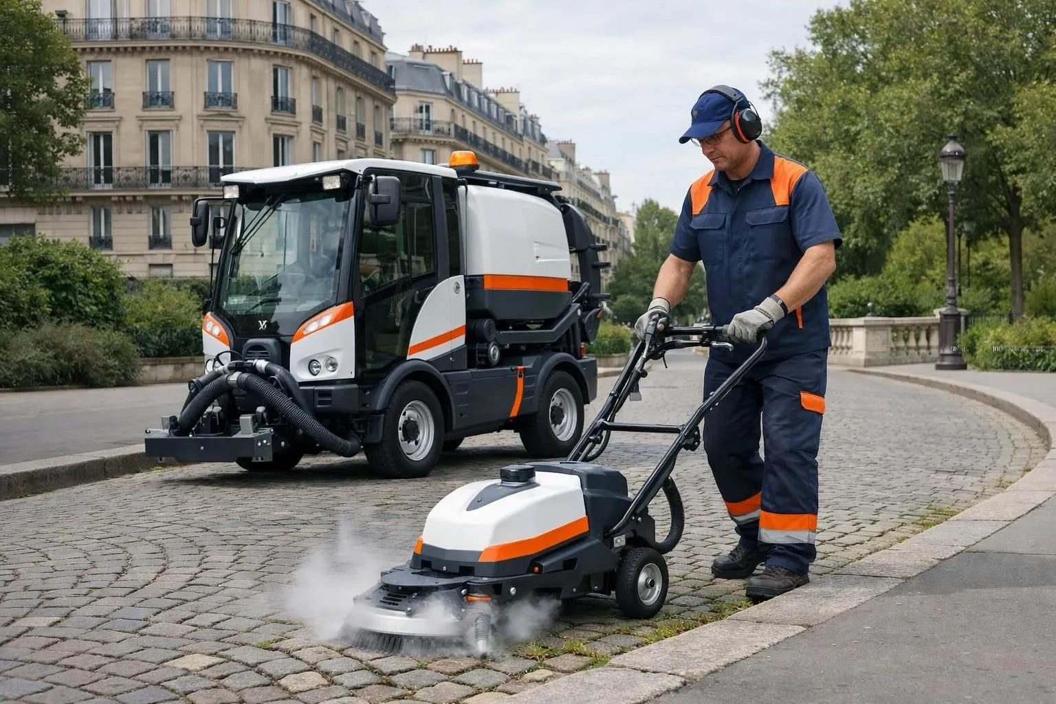 Professional weeding equipment being operated on a Parisian cobblestone street near a public park, with dense urban buildings and green spaces visible, showing modern sustainable maintenance machinery in action during daylight