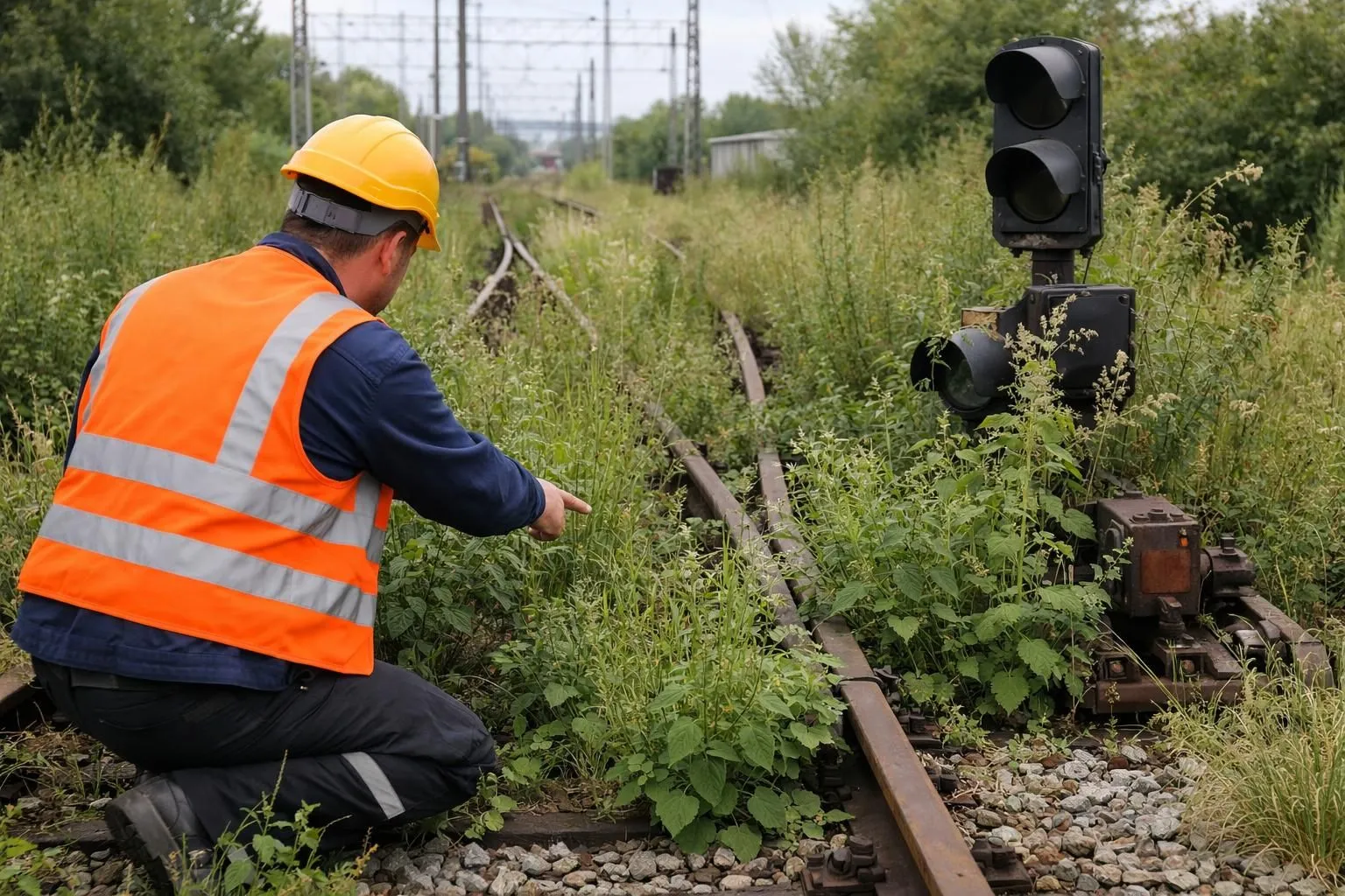 Railway maintenance worker inspecting overgrown vegetation covering train tracks and ballast, showing potential safety hazards with tall weeds obstructing track visibility and signal equipment, realistic outdoor industrial scene