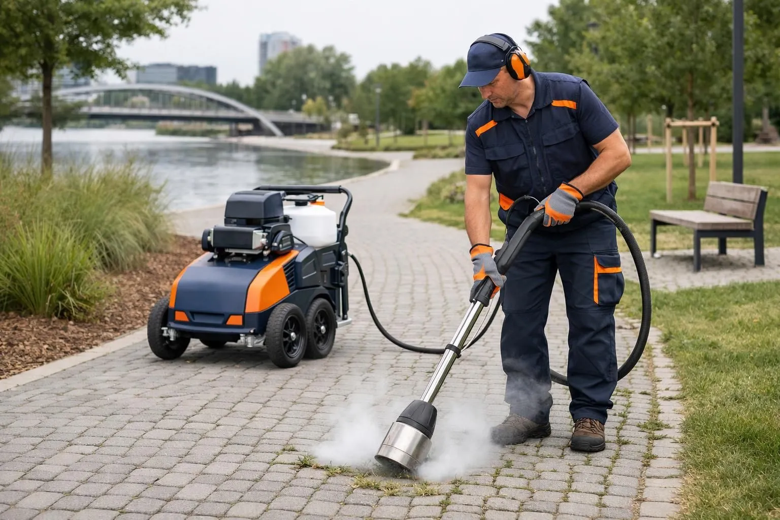 Professional landscape maintenance worker using modern flameless weeding equipment in urban park setting, sustainable green space management with mechanical alternative tools on paved pathways
