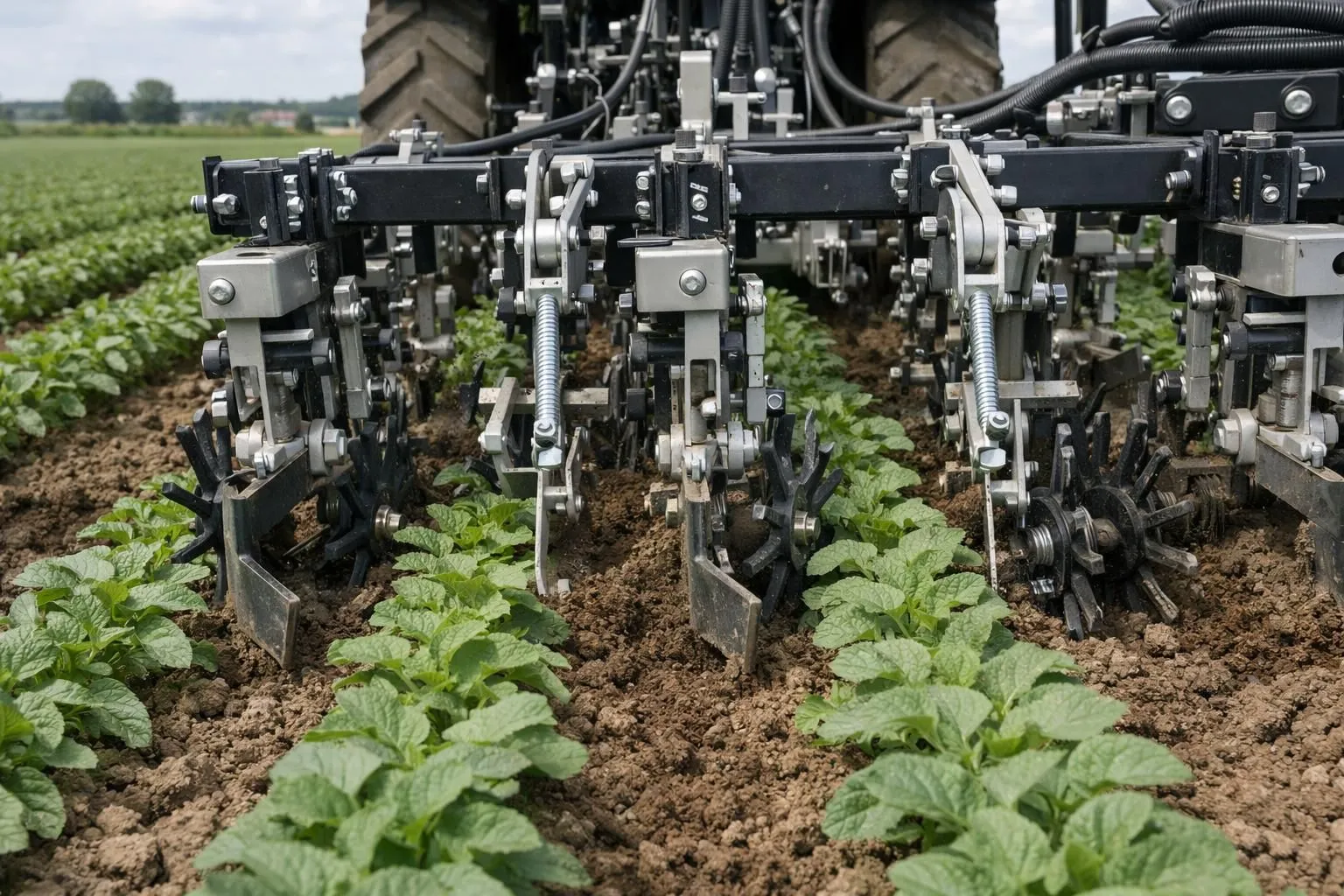 Modern mechanical weeding equipment working between green crop rows in a French agricultural field, close-up view of precision farming tools in action, sustainable agriculture concept with soil and plants visible, realistic photographic style