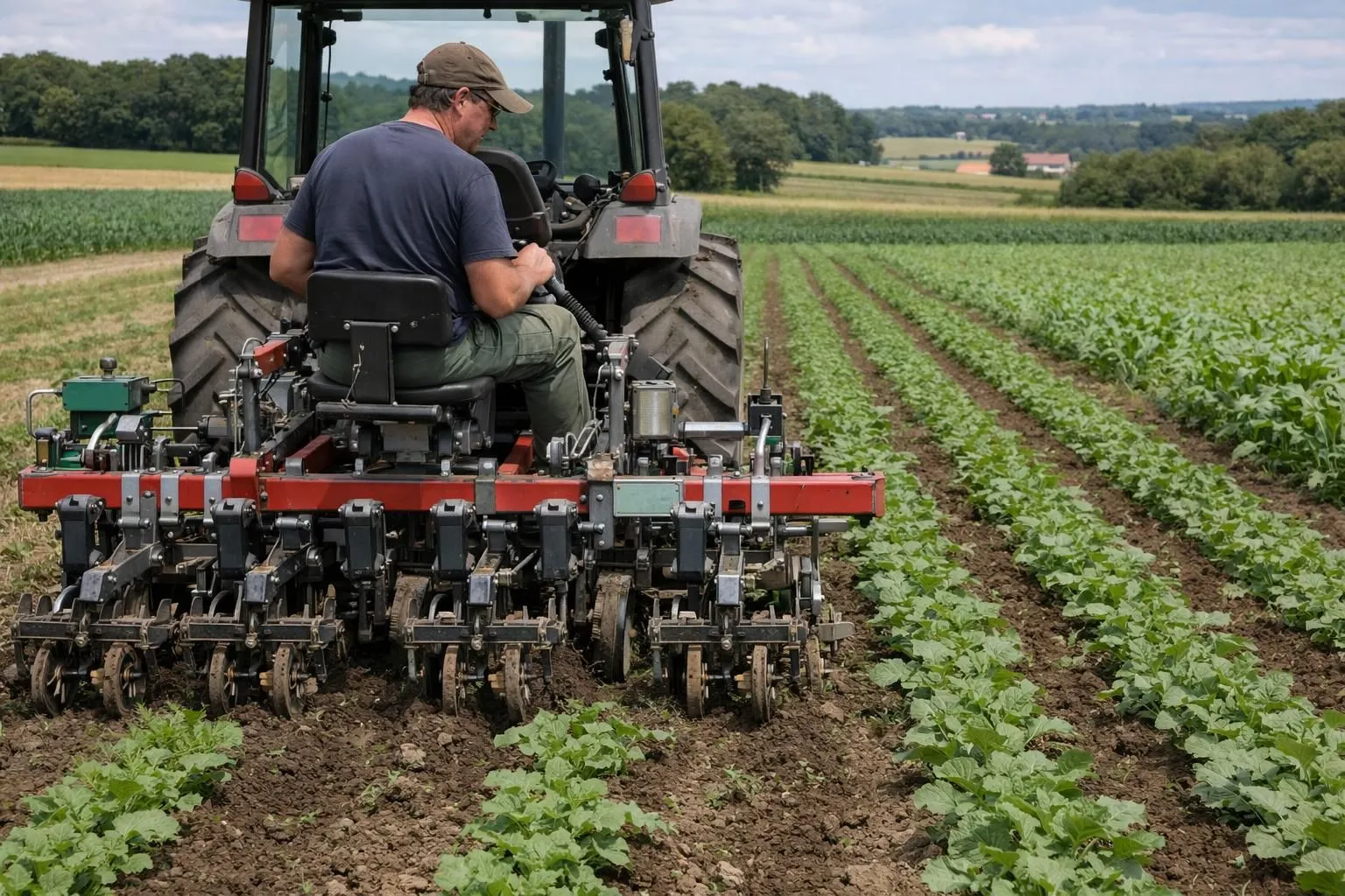 Professional farmer operating mechanical weeding equipment in cultivated field rows with sustainable agriculture machinery, natural outdoor setting, modern eco-friendly farming tools visible, green crops in background, realistic documentary style, French agricultural landscape