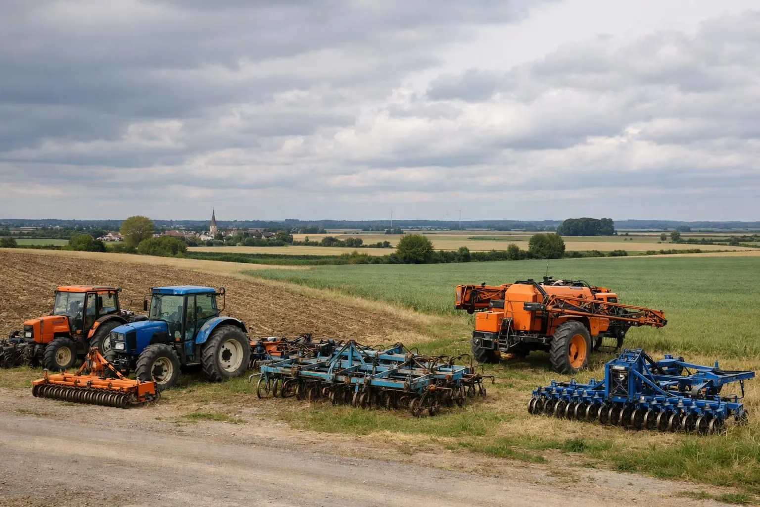 Wide shot of a northern French agricultural landscape with diverse used farming equipment parked along field edges under cloudy sky, showing tractors, tillers, and mechanical weeders in realistic worn condition, no text or logos visible