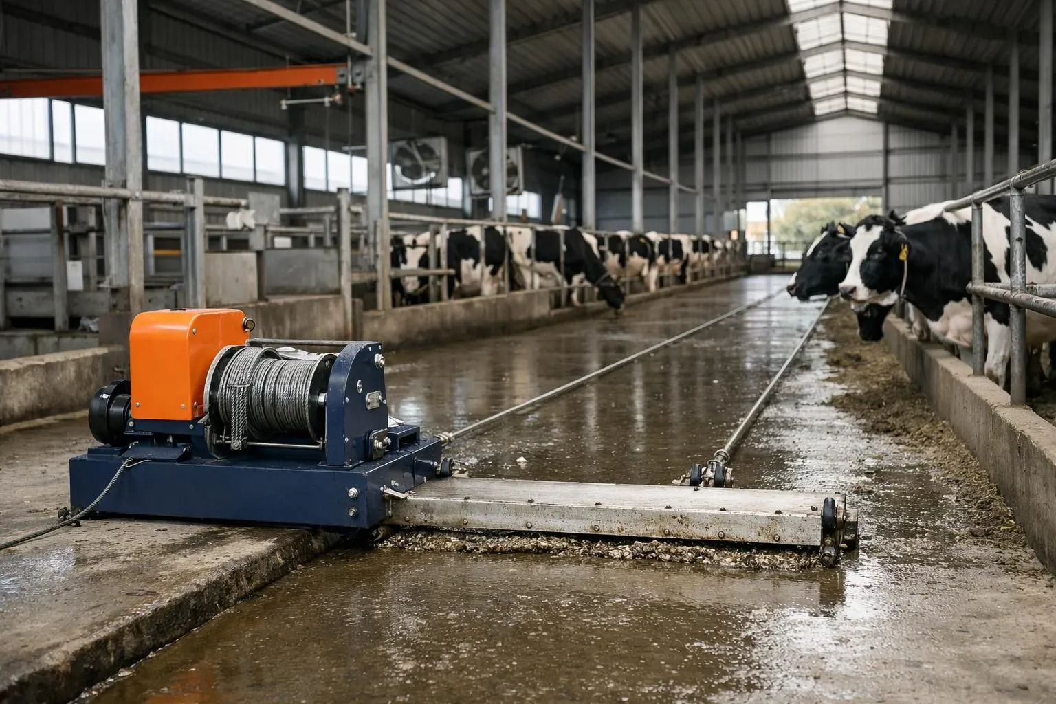 Modern electric slurry scraper system in a dairy barn, showing motorized cables pulling scrapers along a concrete alley, with cows in stalls in the background, realistic industrial agricultural equipment, natural lighting, no text or labels visible