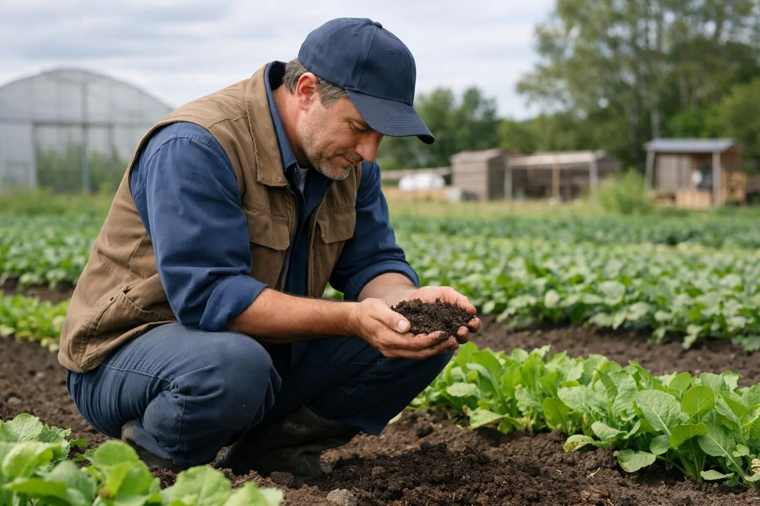 Agricultural professional in work clothes crouching to examine healthy dark soil with vibrant green plant growth and natural weed management in a sustainable farmland setting, no chemical spraying equipment visible, natural daylight