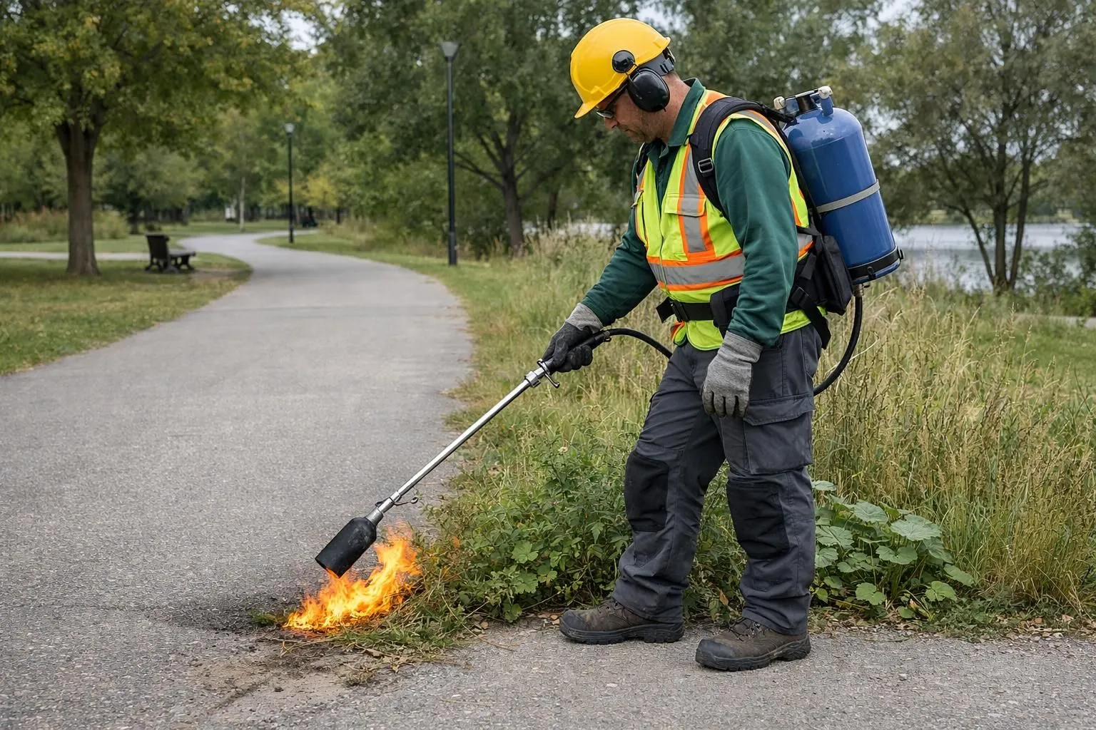 Professional landscaper wearing safety equipment operating a propane thermal weeding torch in a municipal park pathway, visible orange flame near weeds, modern eco-friendly urban maintenance, realistic documentary style photography