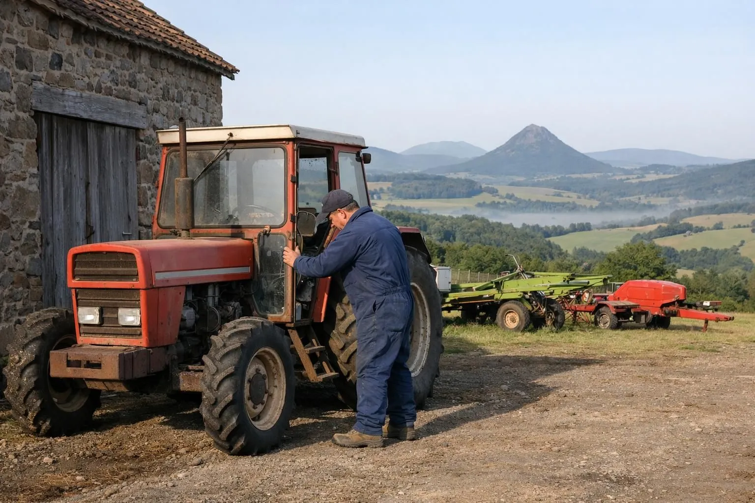 Rural Haute-Loire landscape with rolling hills and volcanic formations, farmer in work clothes inspecting a red used tractor parked near a stone barn, additional agricultural equipment visible in background, realistic documentary photography style, natural morning light