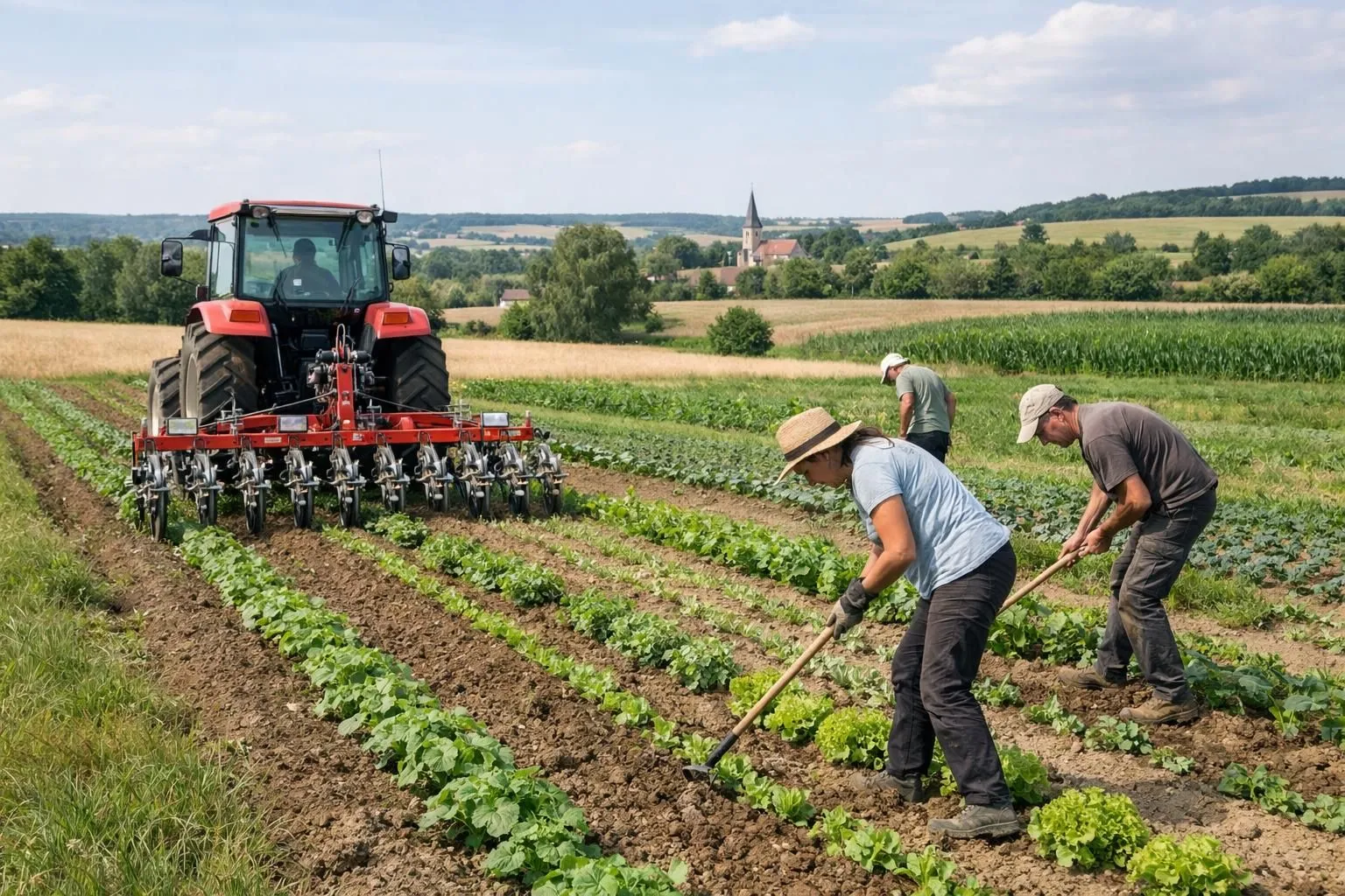 Agricultural field with mechanical weeding equipment and workers using precision farming tools, modern sustainable farm without chemical herbicides, French countryside landscape with diverse crops and healthy soil