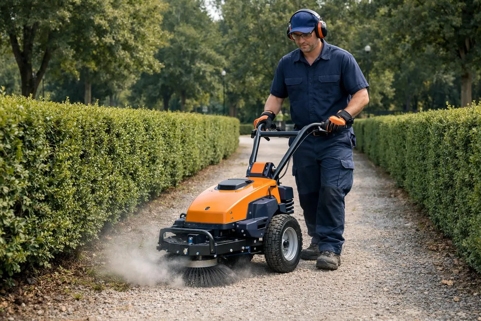 Professional grounds maintenance worker operating orange mechanical weeding machine on gravel pathway between green hedges in municipal park, showing sustainable vegetation control equipment in action