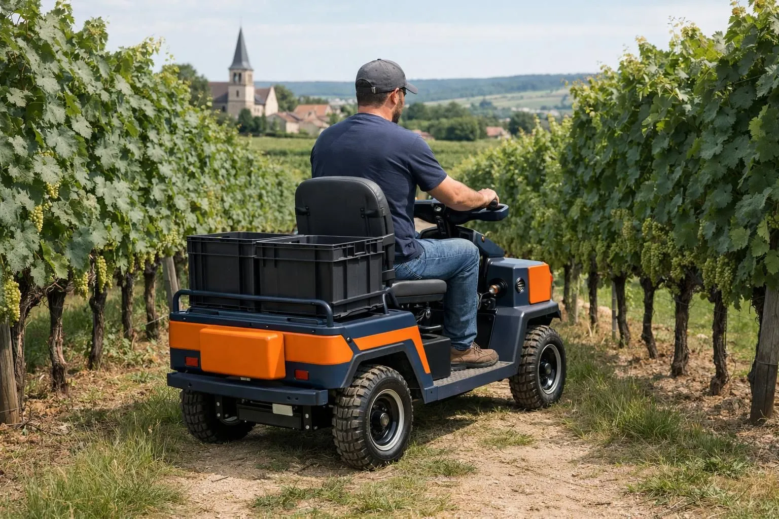 Vineyard worker seated on electric assistance cart navigating between grapevine rows in French vineyard, modern agricultural equipment reducing physical strain, realistic photo showing comfort improvement in viticulture