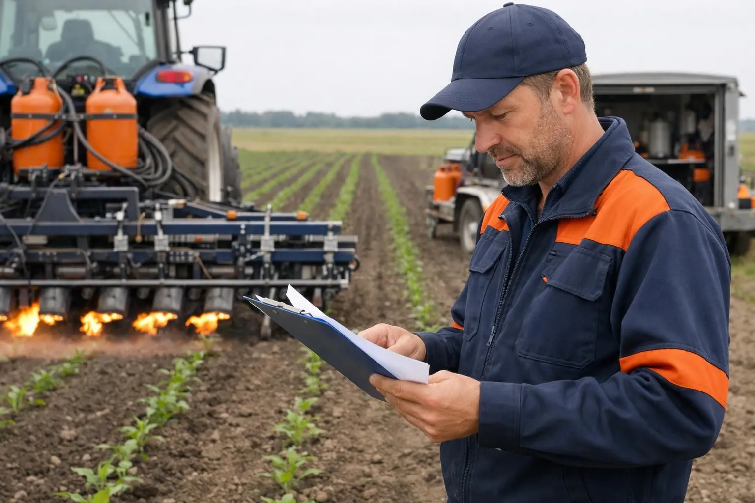 Agricultural professional comparing thermal weeding equipment specifications in field, analyzing cost factors with machinery and terrain visible, professional agricultural setting showing equipment variety