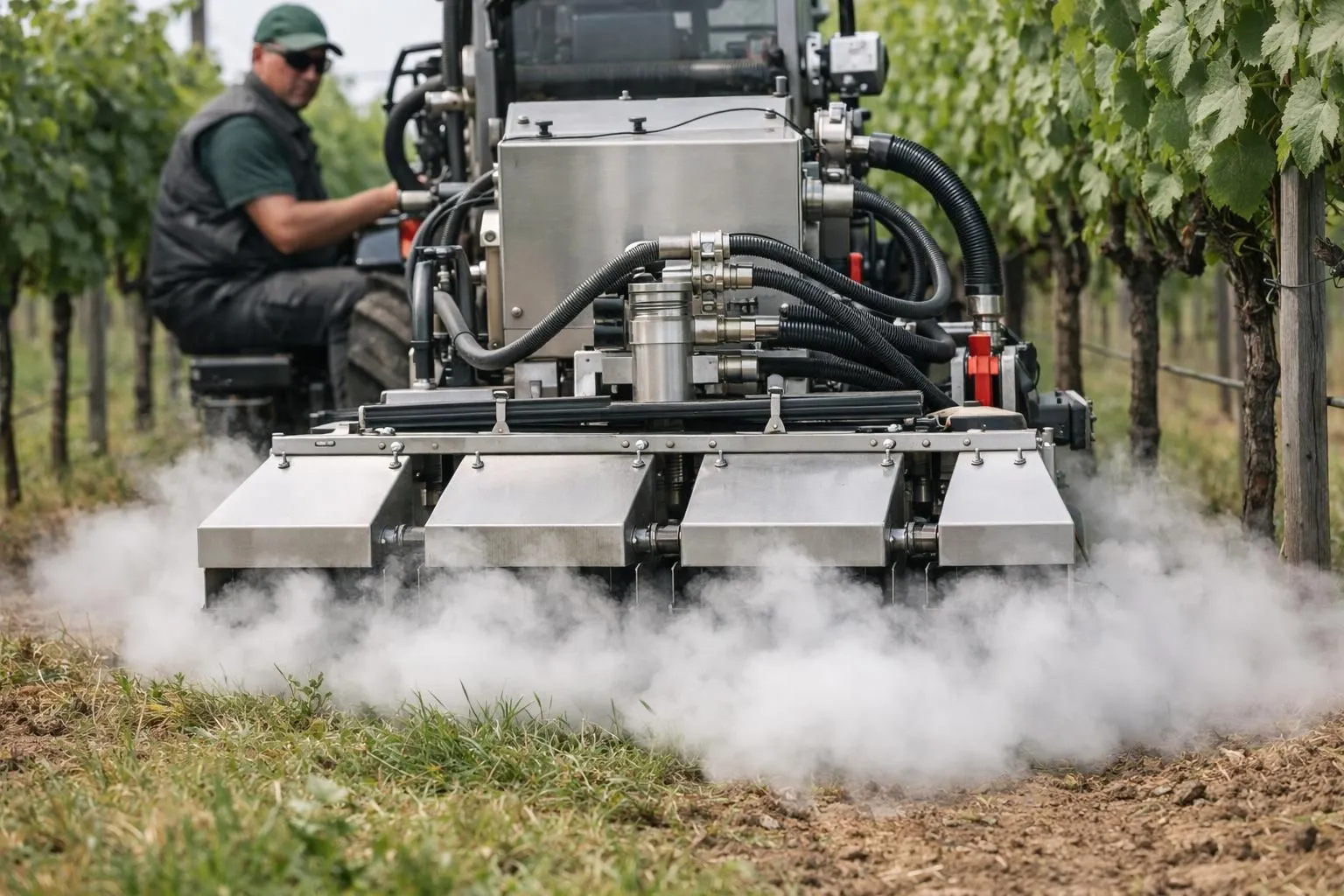 Professional agricultural worker operating modern thermal weeding machine releasing controlled steam on vineyard rows, close-up shot of ecological weed management equipment in action with visible vapor, professional agricultural setting