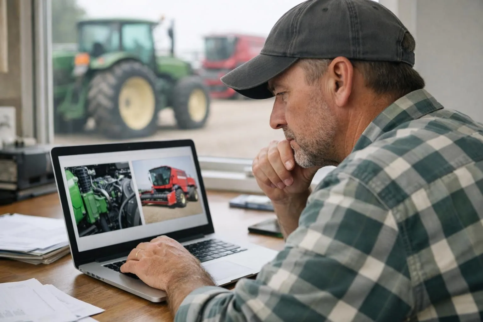 A professional farmer carefully examining detailed photos of agricultural equipment on a laptop screen in a farm office, scrutinizing technical details and documentation, with farm equipment visible through the window in the background