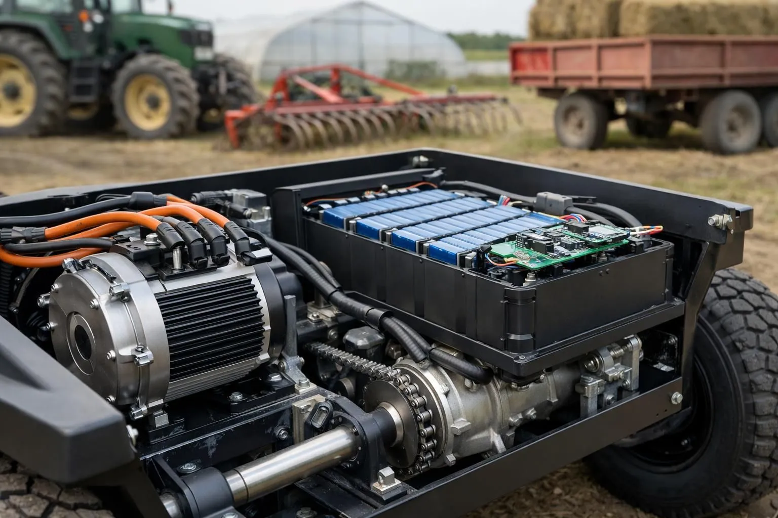 Close-up view of an electric cart's motor and battery compartment in an agricultural setting, showing brushless motor, lithium-ion battery pack with BMS system, and drive mechanism, with farm equipment visible in the background, professional technical photography