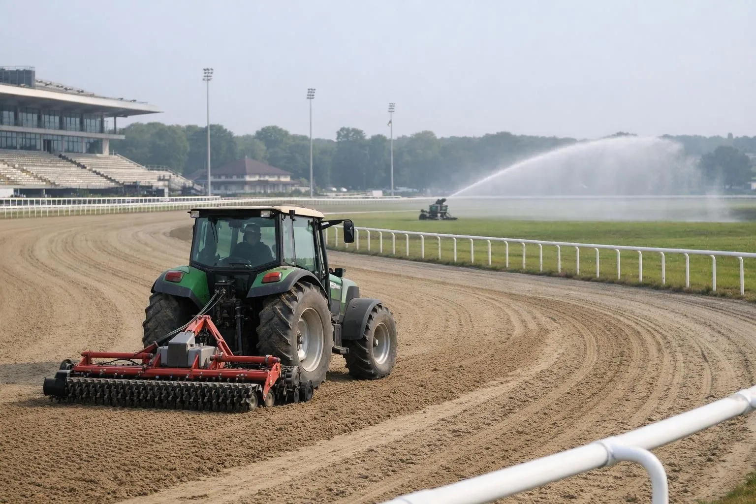 Vue d'ensemble d'un hippodrome professionnel avec tracteur moderne équipé de pneus basse pression tractant une herse rotative sur une piste en sable, système d'irrigation à canon mobile visible à l'arrière-plan, ambiance ensoleillée de maintenance matinale