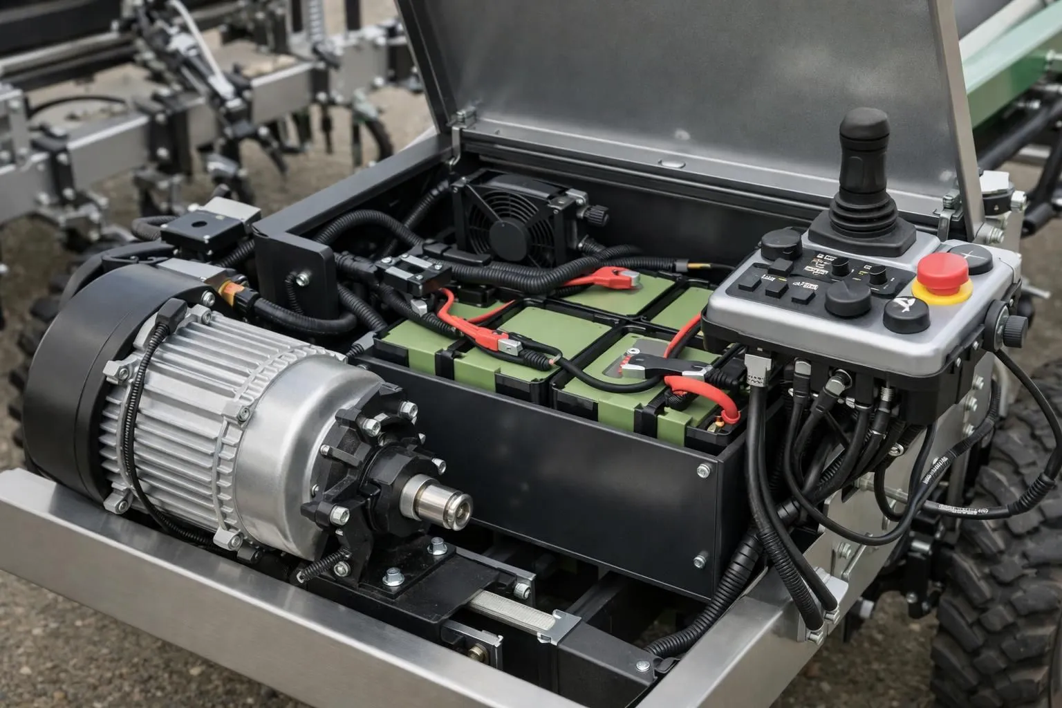 Close-up view of electric motor and battery compartment on agricultural cart with control panel, modern electric assist system for weeding equipment, industrial agriculture machinery components, technical detail shot in professional setting