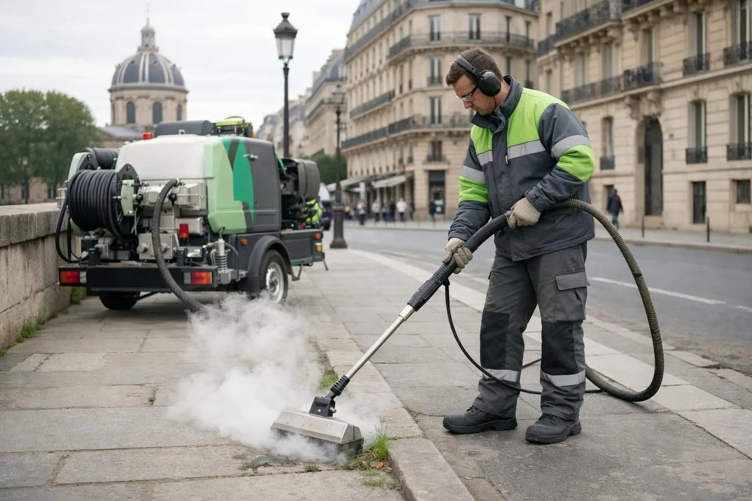Professional technician operating a modern thermal steam weeding machine on a Parisian sidewalk with historic buildings in background, showing eco-friendly municipal maintenance equipment in action