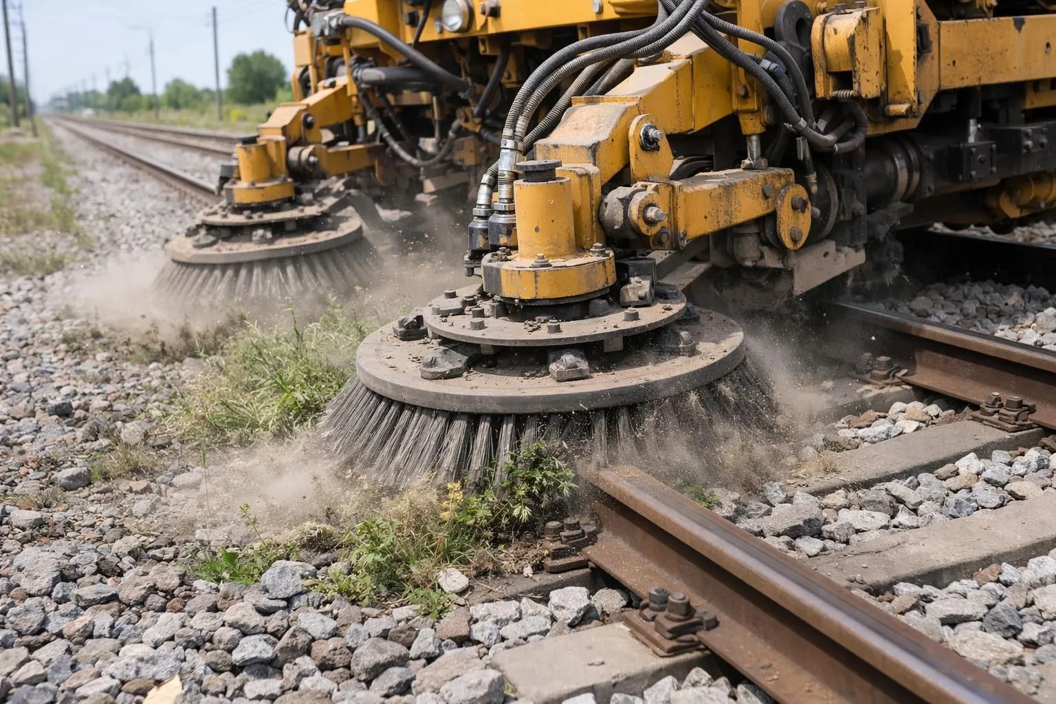 Industrial railway maintenance machine with rotating mechanical brushes removing weeds from train tracks, visible ballast stones and track infrastructure, professional outdoor equipment in action, realistic photographic style