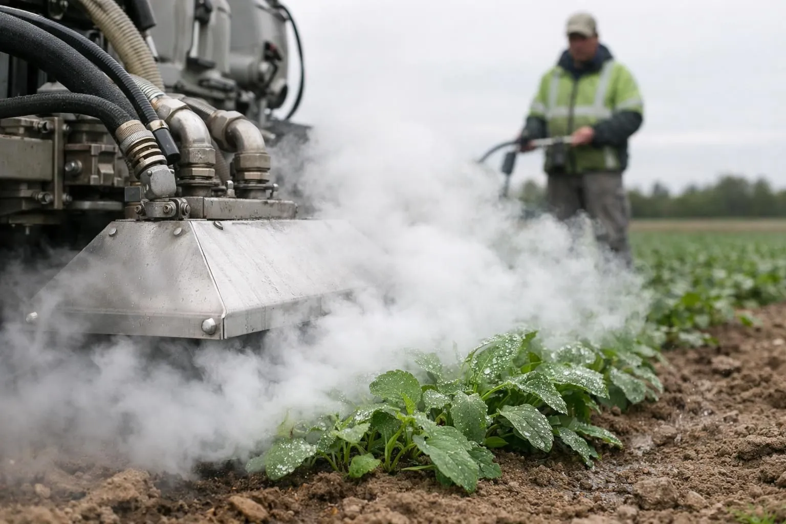 Close-up of professional steam weeding equipment releasing hot vapor on green weeds in agricultural field, showing thermal destruction process with droplets of condensation on plant leaves, realistic agricultural machinery scene with operator in background
