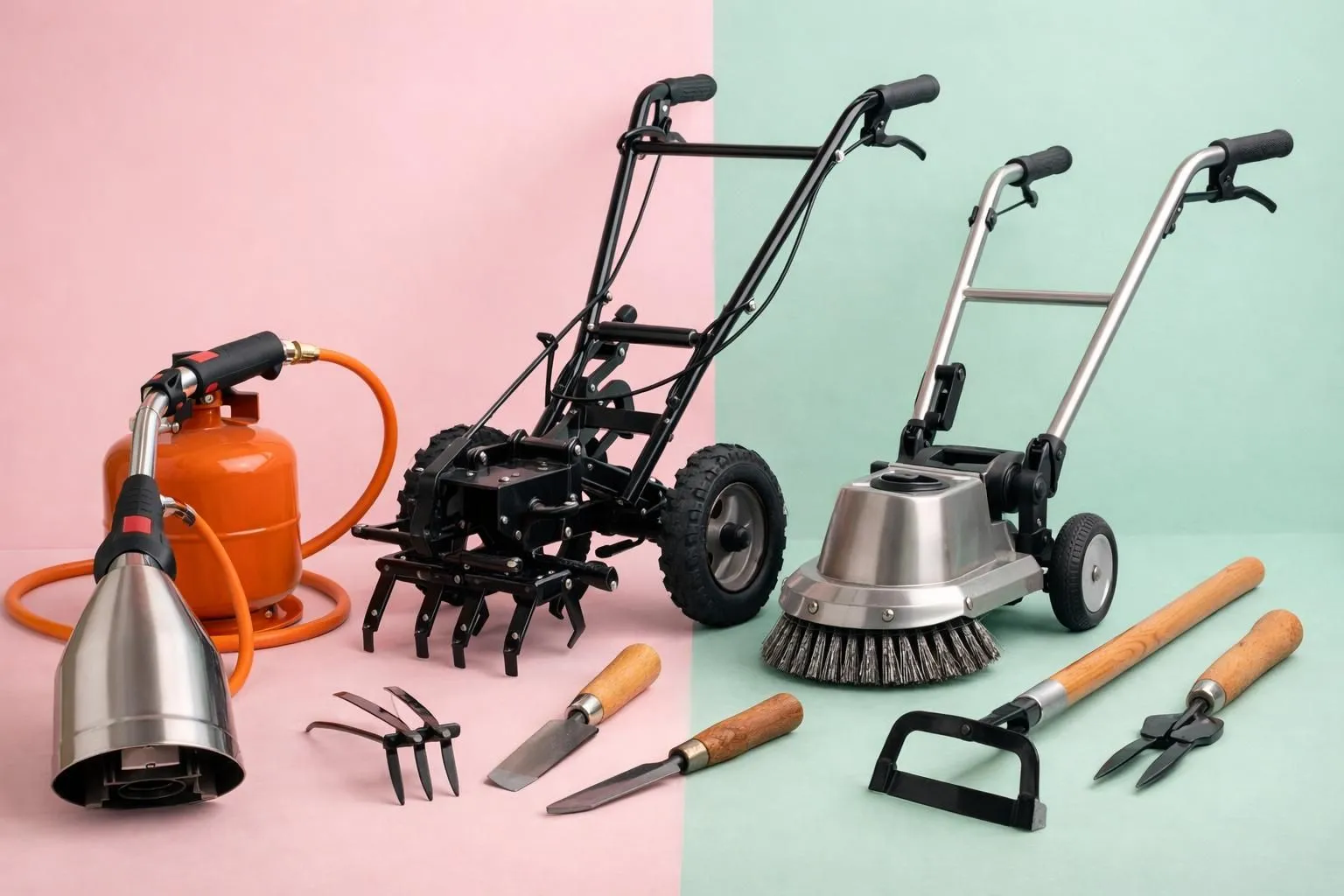 Professional agricultural worker using mechanical flameless weeding equipment in a cultivated field, various tools including thermal steamers and mechanical weeders visible, no open flame, modern sustainable farming equipment, realistic photography