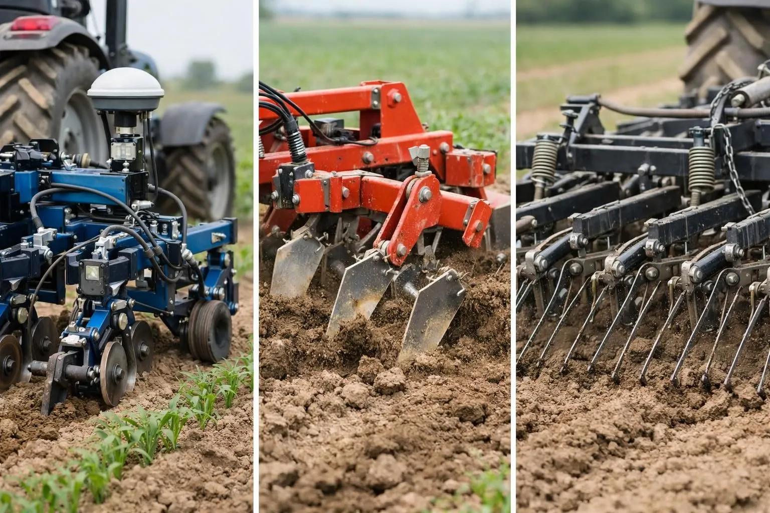 Montage photographique montrant cinq types de machines agricoles mécaniques modernes dans un champ cultivé: bineuse GPS, cultivateur à ailettes, herse étrille, rouleau destructeur et désherbeur thermique, lumière naturelle sans texte
