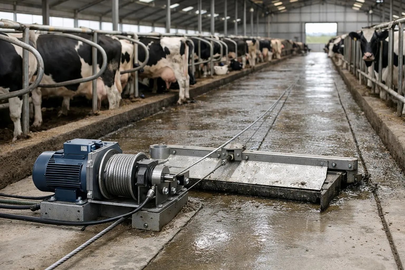 A modern dairy barn interior showing automated electric manure scraper system installed along concrete walkways between cow stalls, with visible electric motor unit and cable mechanism, agricultural equipment in realistic farm setting, professional installation perspective