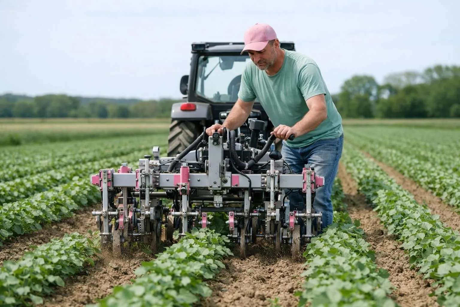 Agricultural professional operating modern mechanical weeding equipment between crop rows on a sustainable farm, showing precision cultivation tools removing weeds while preserving plants in sunny countryside setting