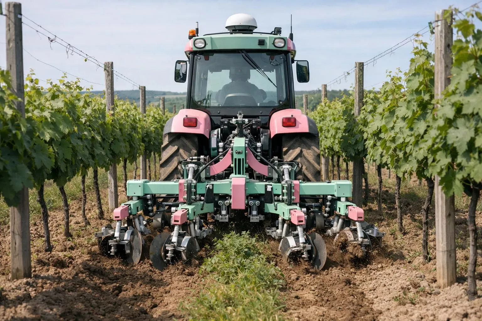 Modern agricultural machinery performing mechanical weeding in a vineyard, tractor with precision inter-row cultivator guided by GPS system working between grapevine rows under natural daylight