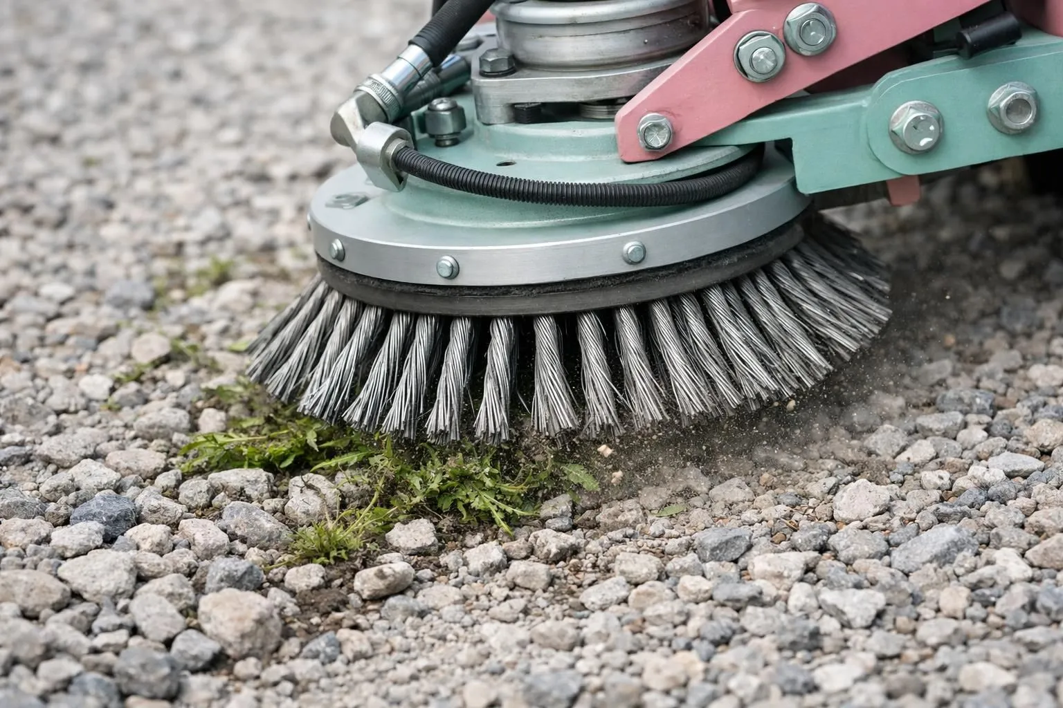 Close-up of a professional rotary brush mechanical weeder system working on gravel pathway, steel bristles removing weeds between stones, no text or labels visible, realistic industrial equipment photo