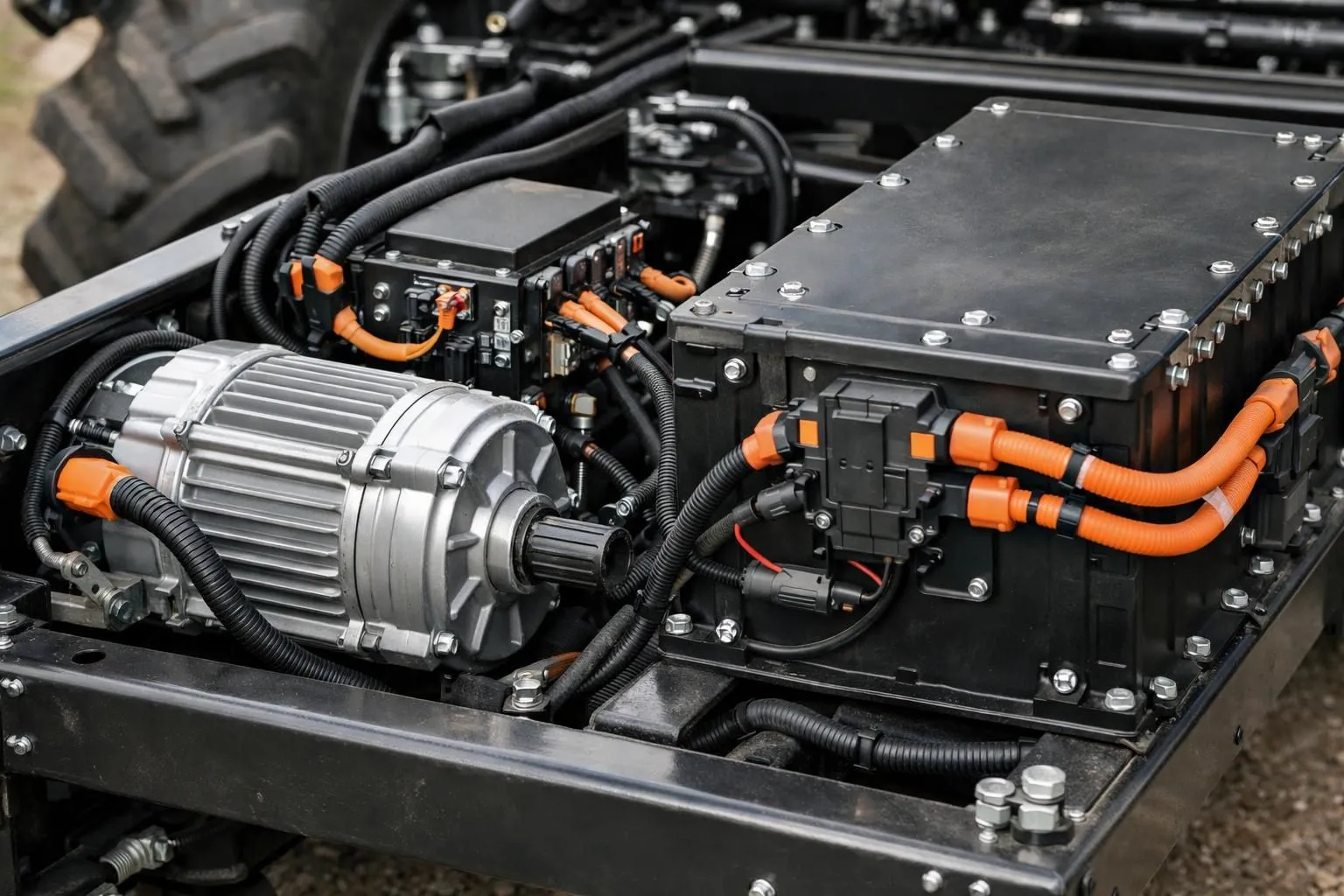Close-up technical view of electric motor and lithium-ion battery pack mounted on vineyard cart frame, showing wiring harness and battery management system, professional agricultural machinery photography with focus on components, realistic industrial setting without any text or labels