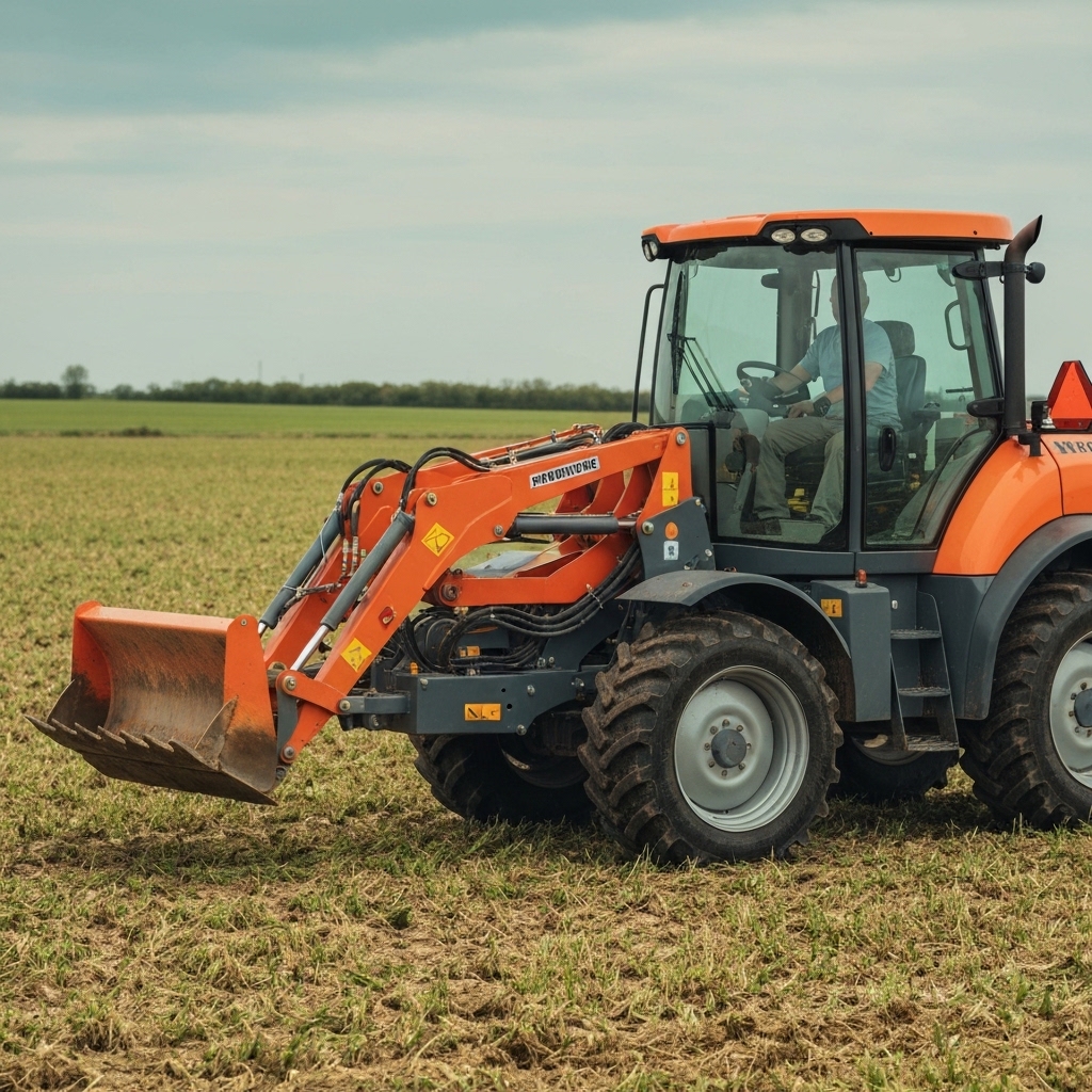Modern agricultural tractor with specialized conservation tillage equipment working in a healthy crop field, visible soil cover, farmer in cab monitoring performance