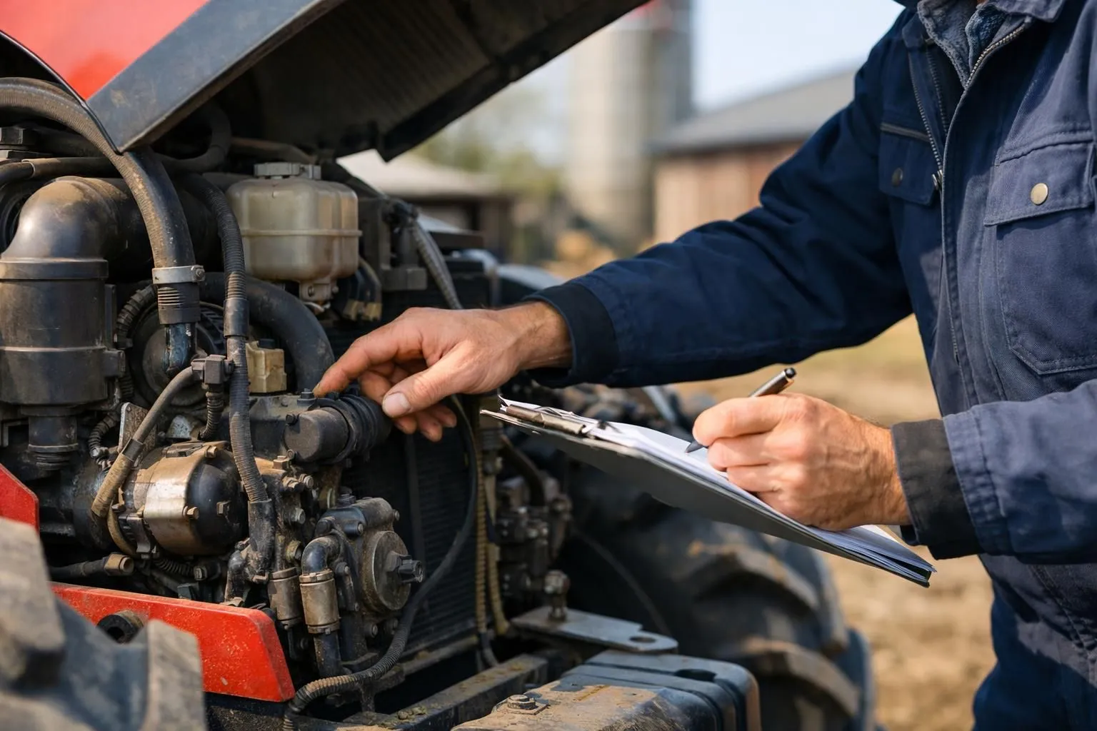 Professional farmer in work clothes inspecting used agricultural tractor engine compartment with clipboard, examining hydraulic systems and motor components in outdoor farm setting under natural daylight, realistic photography style without any text or labels
