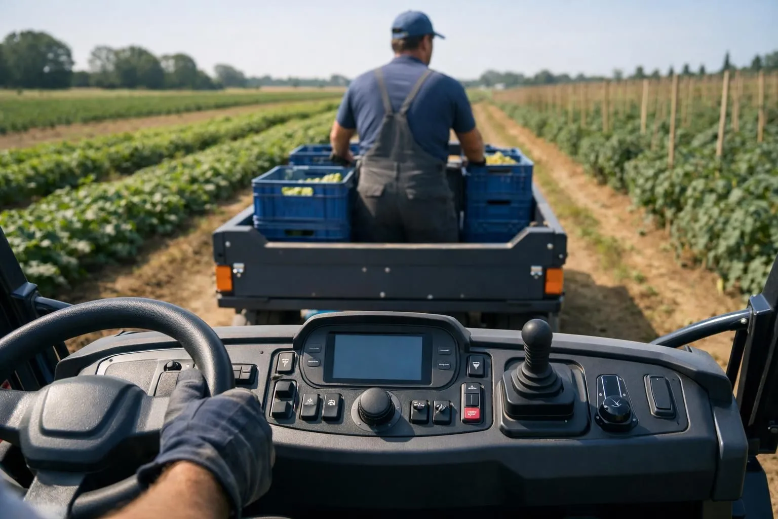 Electric motorized cart transporting heavy wooden crates full of harvested vegetables across a sunlit vegetable farm field, with a worker guiding the cart along rows of crops, demonstrating modern agricultural logistics equipment in action
