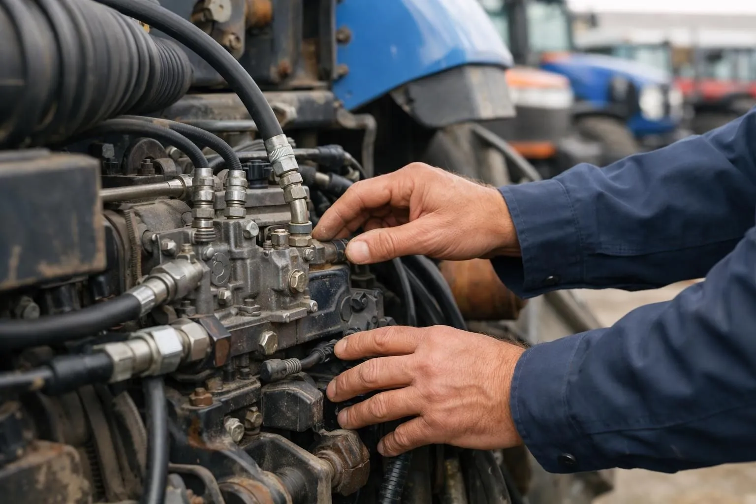 Agricultural professional carefully inspecting used tractor engine at auction site, checking mechanical parts and hydraulic systems, close examination of farm machinery condition, realistic farm equipment evaluation scene