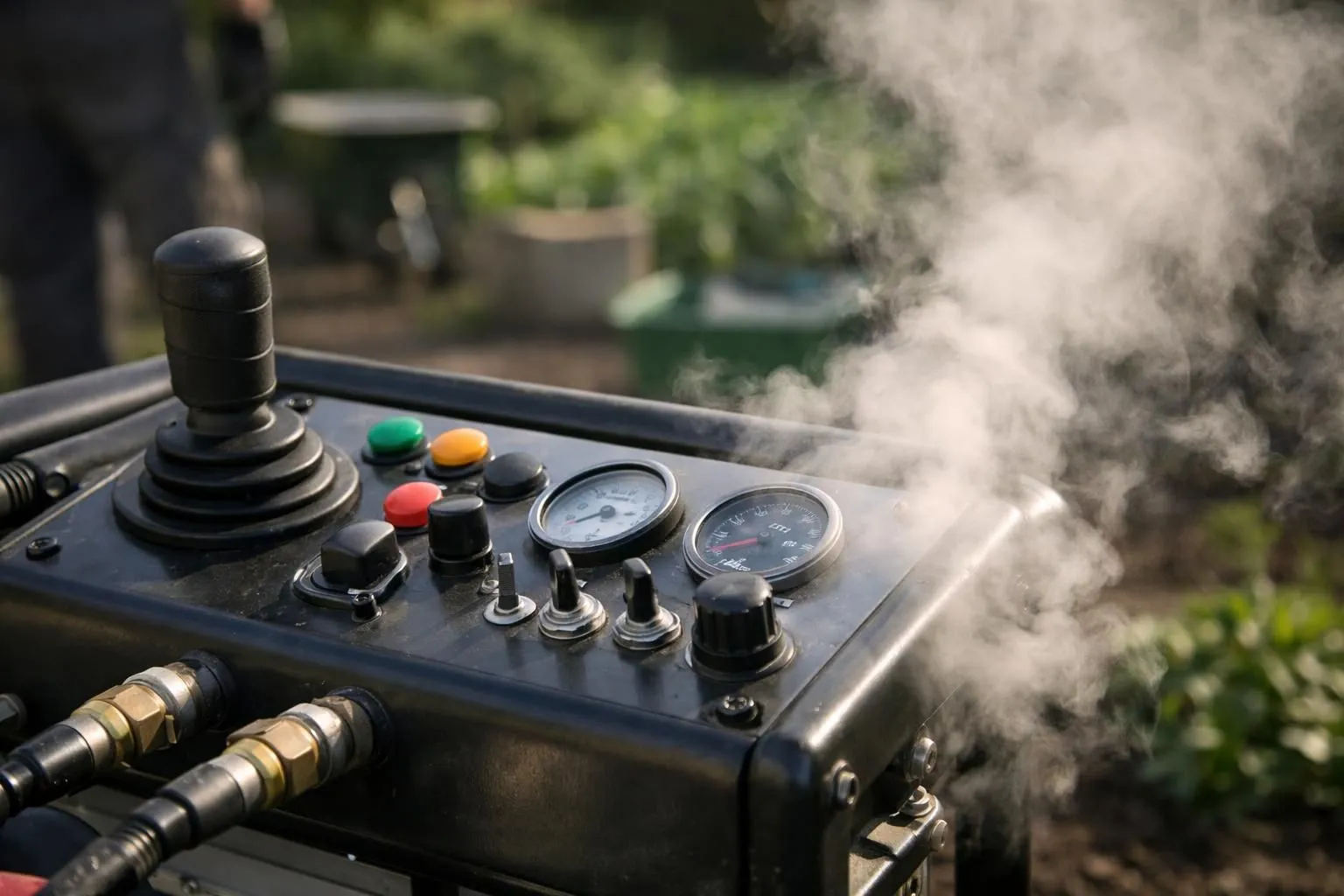 Professional operator using steam weeding equipment on paved pathway between green planted areas, with visible water vapor dispersing naturally, showcasing modern agricultural machinery in real outdoor maintenance setting