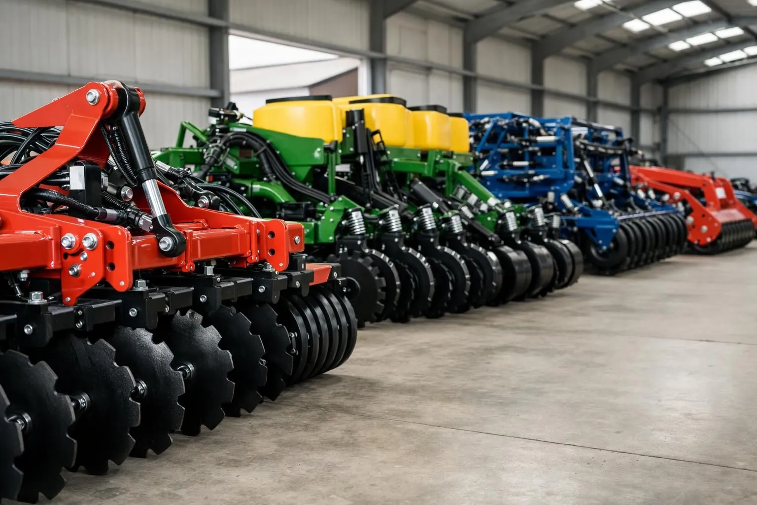 Modern agricultural machinery warehouse in Northern France showing rows of mechanical weeders, cultivators and green space maintenance equipment under professional lighting, farm equipment ready for use