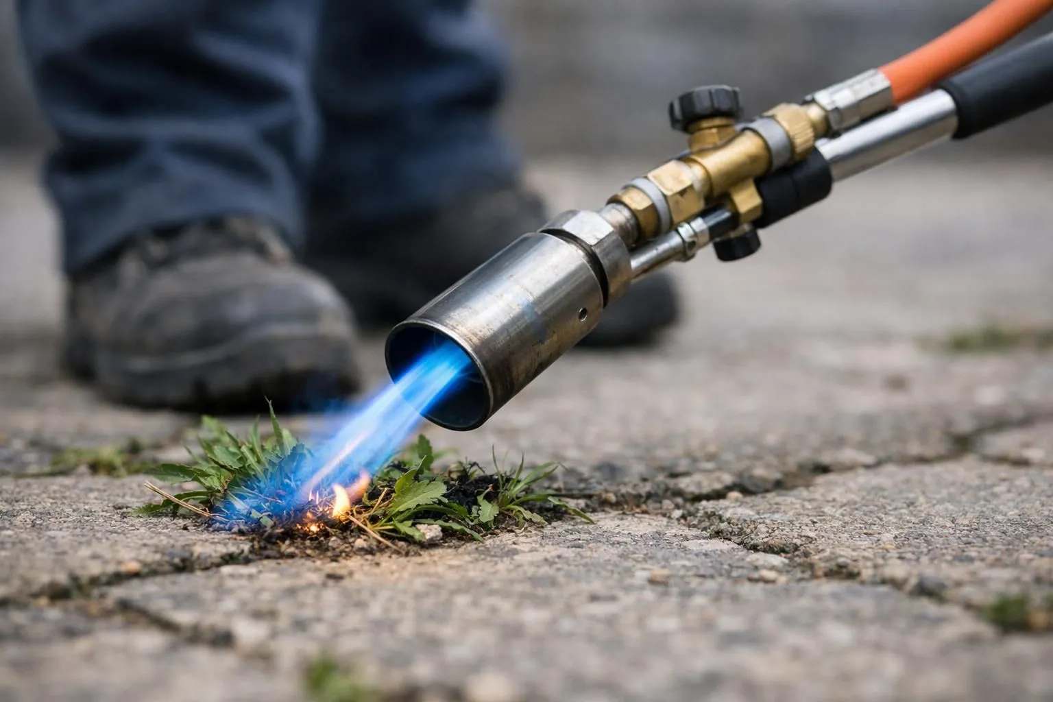 Close-up view of professional propane thermal weeding lance with visible blue flame directed at weeds on agricultural ground, showing metal lance, gas connection tube and flame in action on vegetation, outdoor agricultural setting, professional equipment detail, realistic photography style