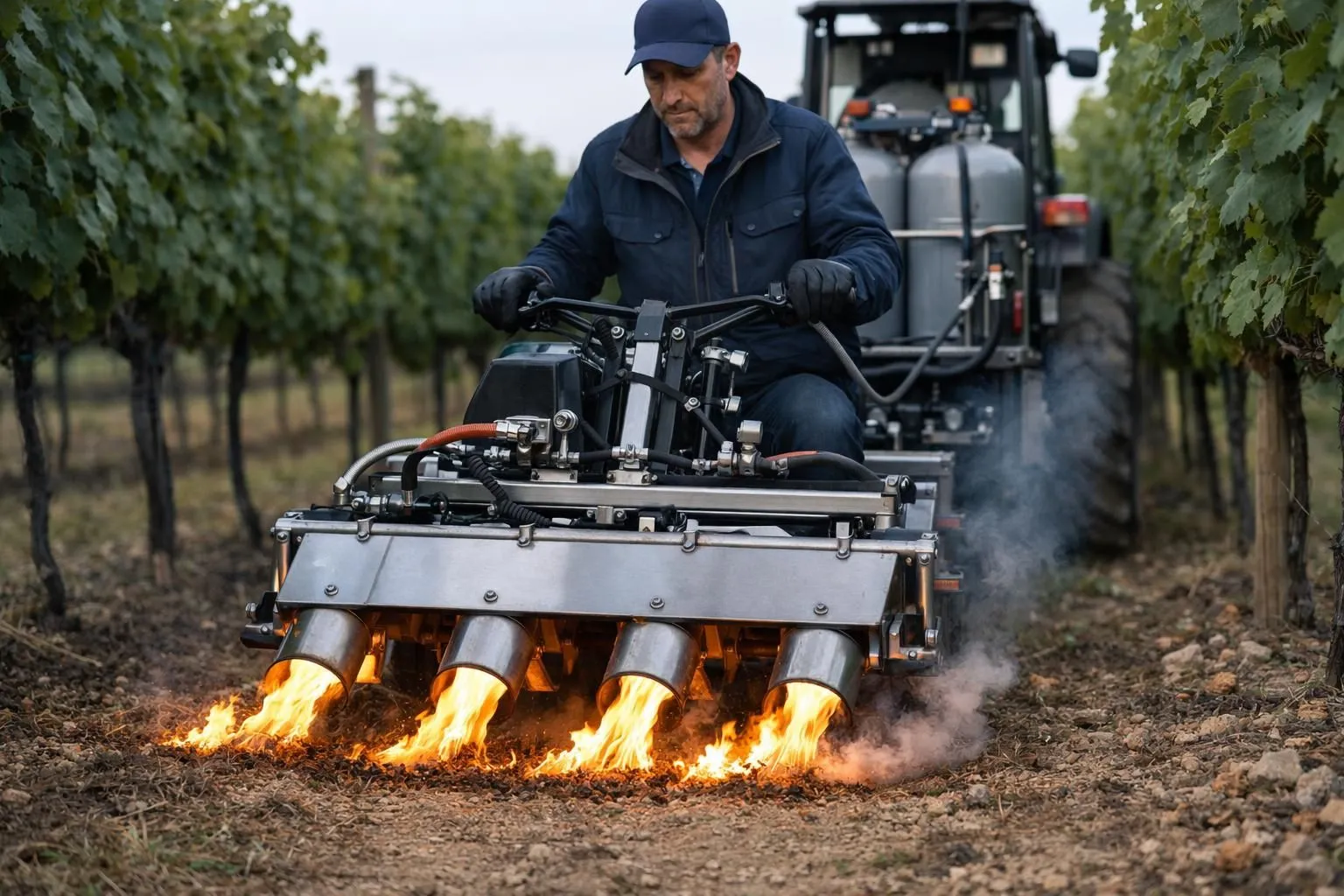 Agricultural professional operating a thermal weeding machine with visible flame technology between crop rows in a French vineyard, modern weed control equipment without herbicides, realistic farming scene with metal burner device