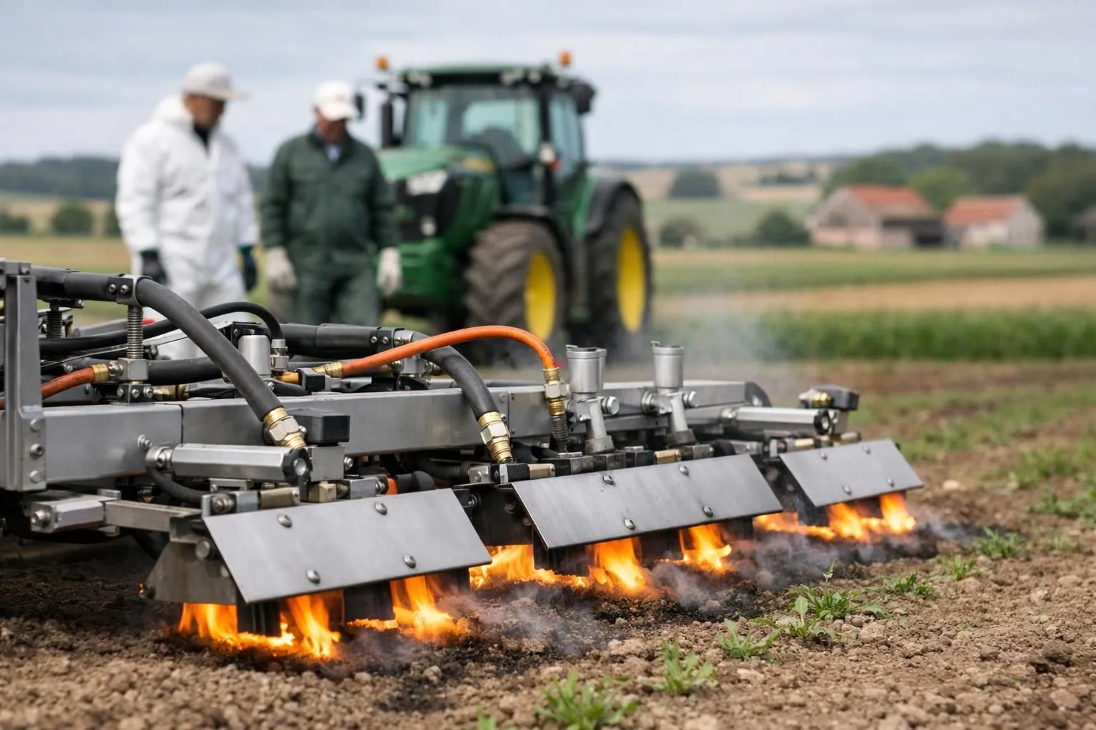 Agricultural field scene showing comparison between traditional chemical spraying equipment on one side and modern thermal weeding machinery on the other side, professional agricultural setting with crops in rows, realistic farming environment, French countryside landscape, equipment in use by farmers wearing protective gear, natural daylight, practical working demonstration without any text or labels