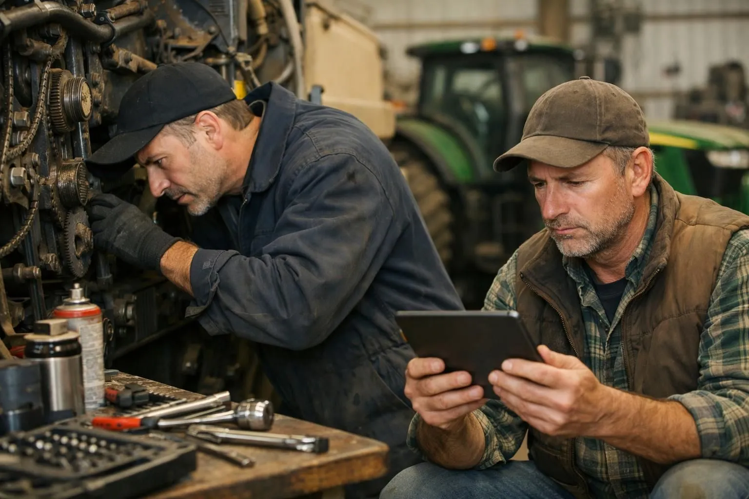 Agricultural mechanic inspecting complex farming machinery in workshop, tools and equipment visible, farmer looking concerned at weather forecast on tablet, realistic documentary style photo showing operational challenges