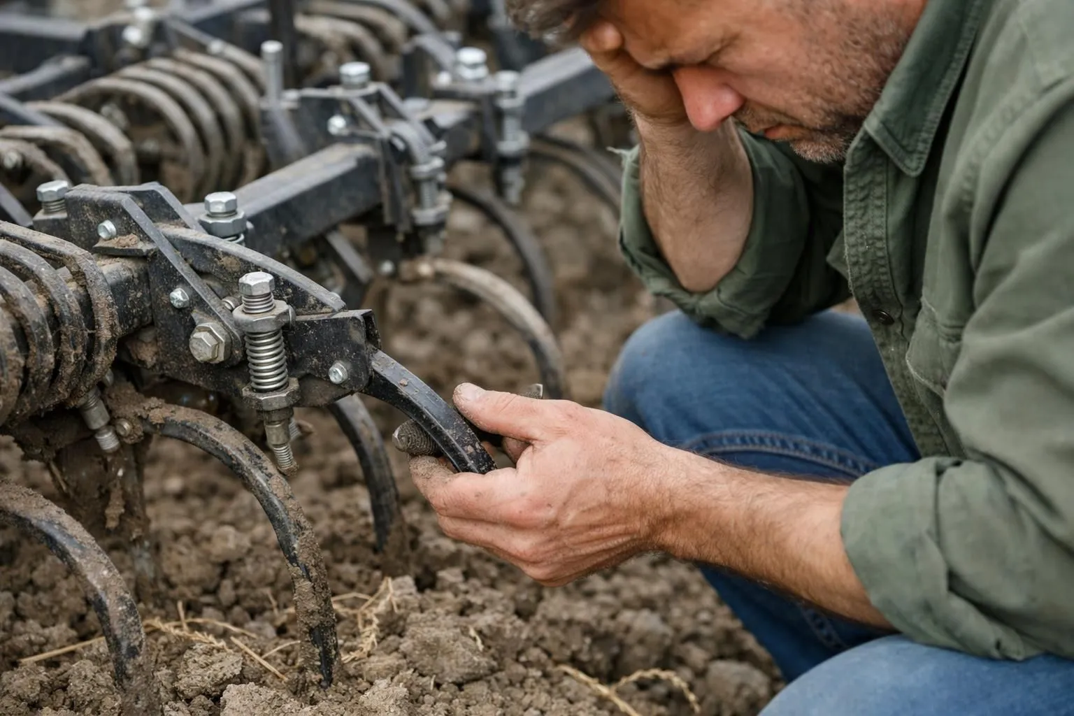 Agricultural professional examining limitations of ecological weeding equipment outdoors, frustrated expression while inspecting mechanical weeder components, realistic field setting with challenging soil conditions visible, hands pointing at worn parts