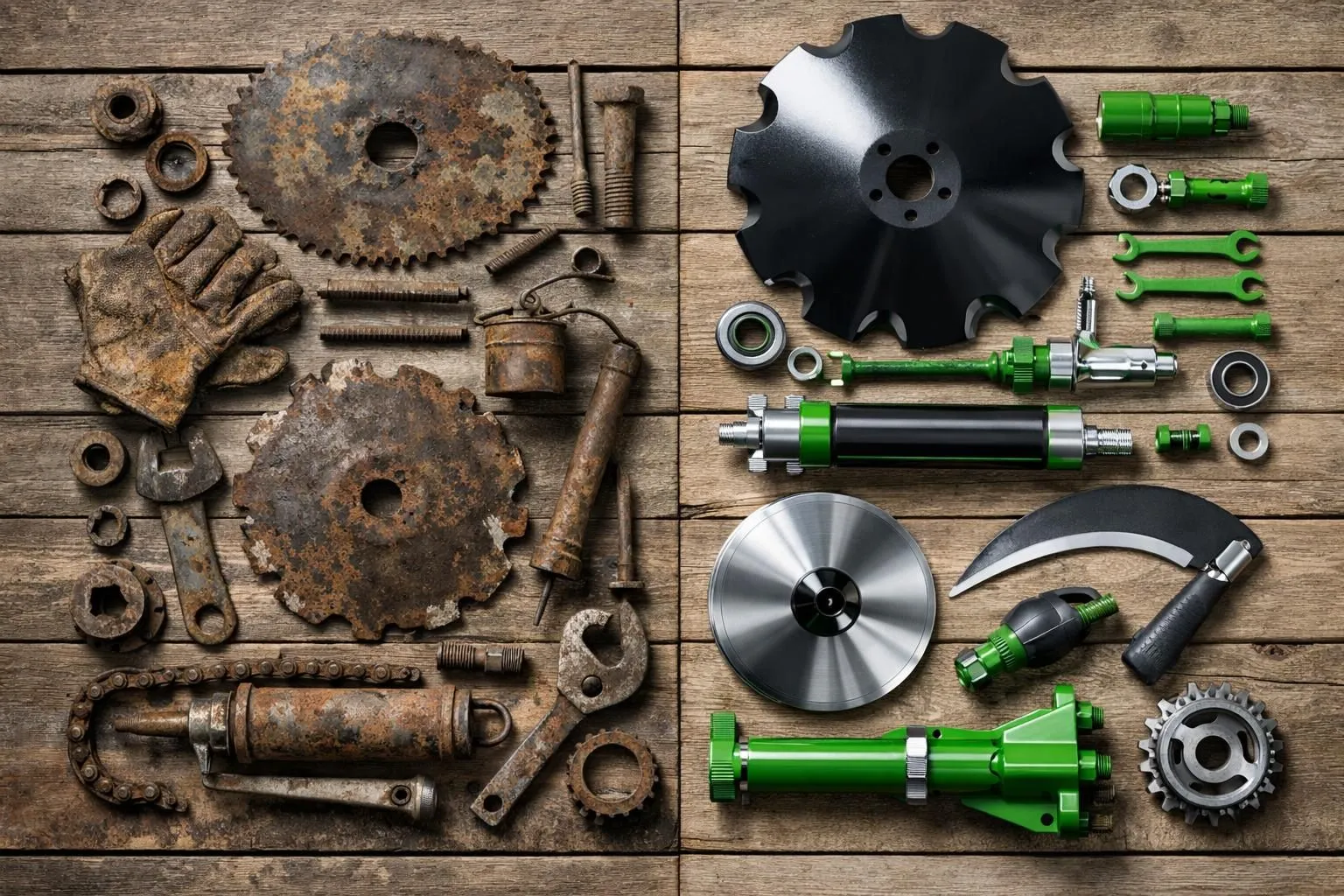 Split-scene showing weathered used agricultural equipment with visible rust and worn parts on left side, contrasted with modern quality-controlled machinery in MMEnvironnement factory on right side, professional lighting highlighting the difference in condition and reliability, no text or labels