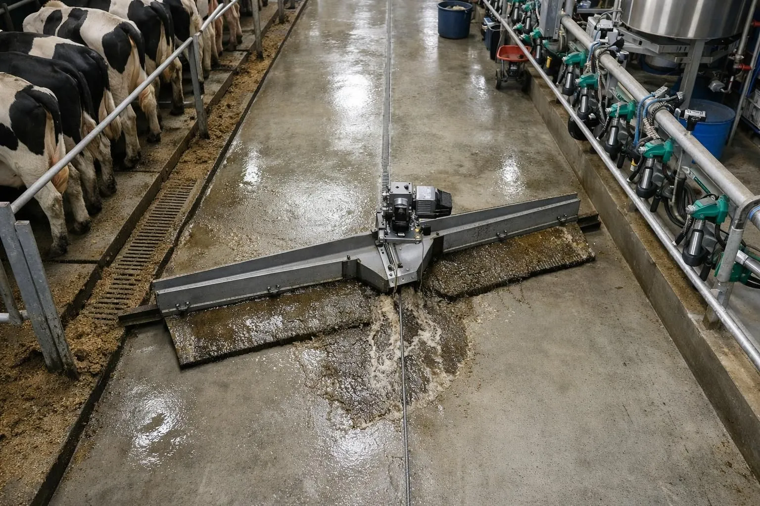 Modern dairy farm stable showing automated floor cleaning system with electric scraper in operation, realistic agricultural setting with clean concrete floors and visible machinery, professional farming equipment, no text or labels visible