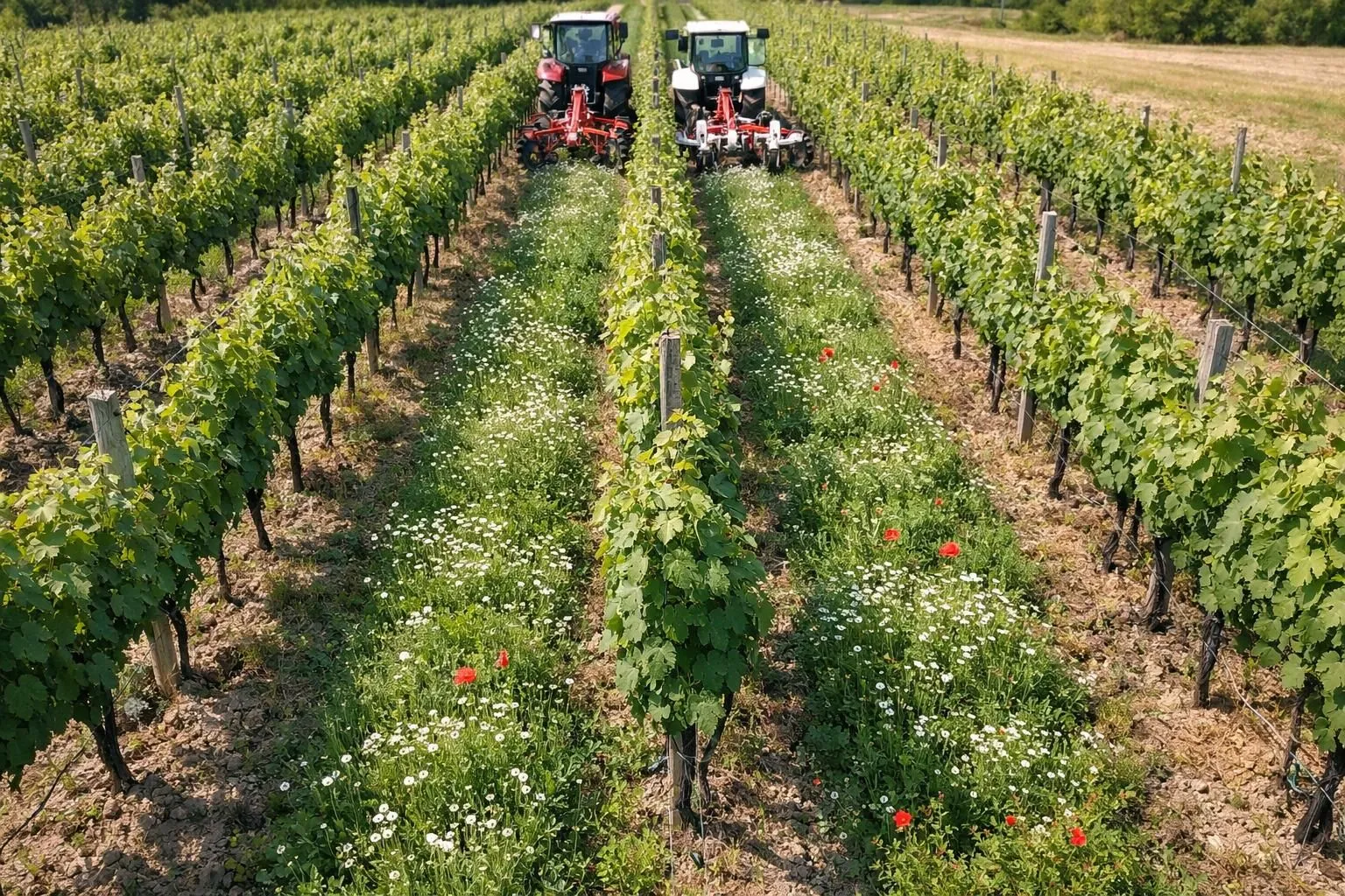 Vineyard rows showing healthy grape vines with controlled ground vegetation between rows, demonstrating sustainable weed management in viticulture with mechanical equipment visible in the background, realistic farming scene with natural lighting
