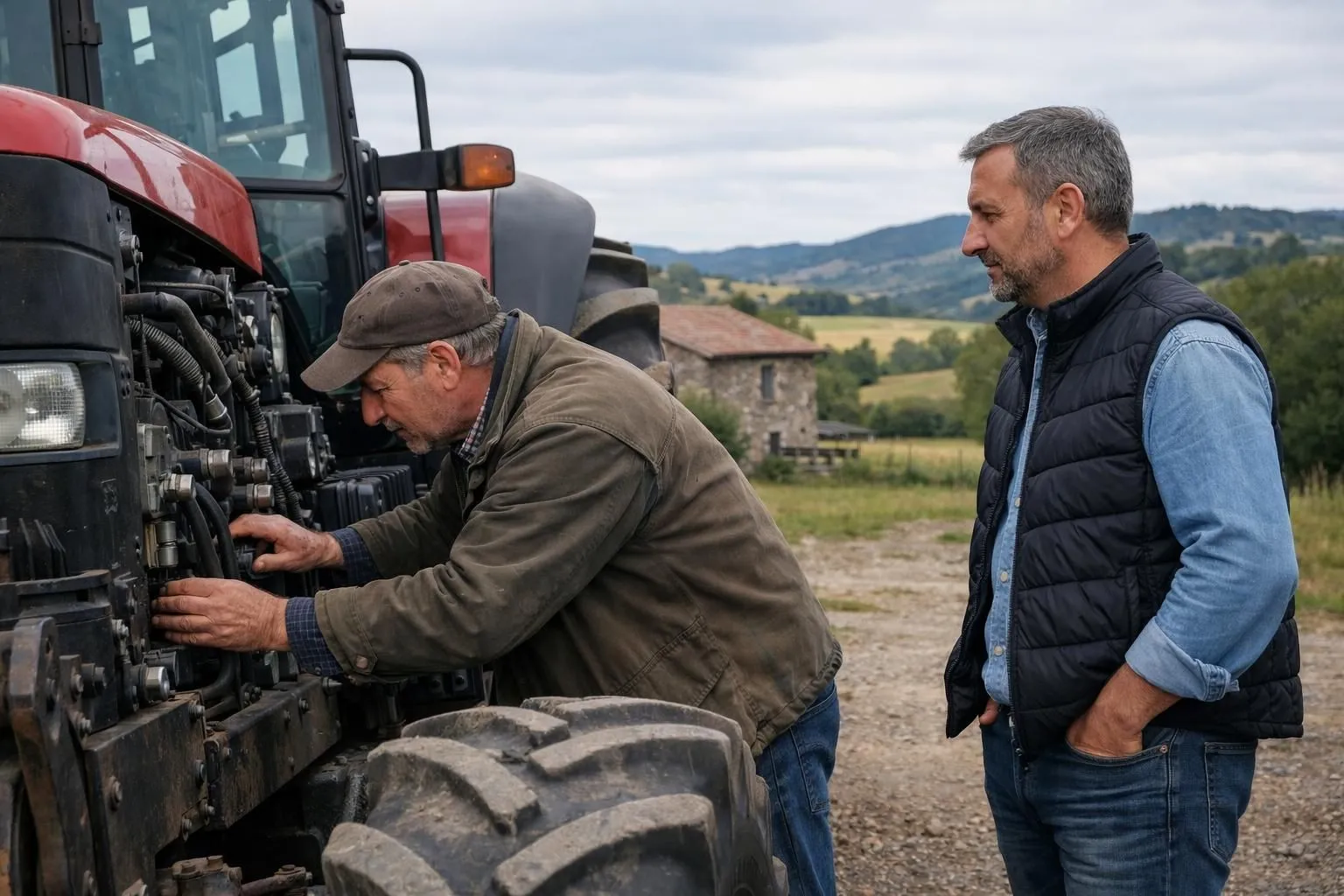 Farmer inspecting used agricultural tractor at outdoor meeting point, examining engine and hydraulics closely while seller stands nearby, rural Haute-Loire landscape, verification and cautious transaction atmosphere